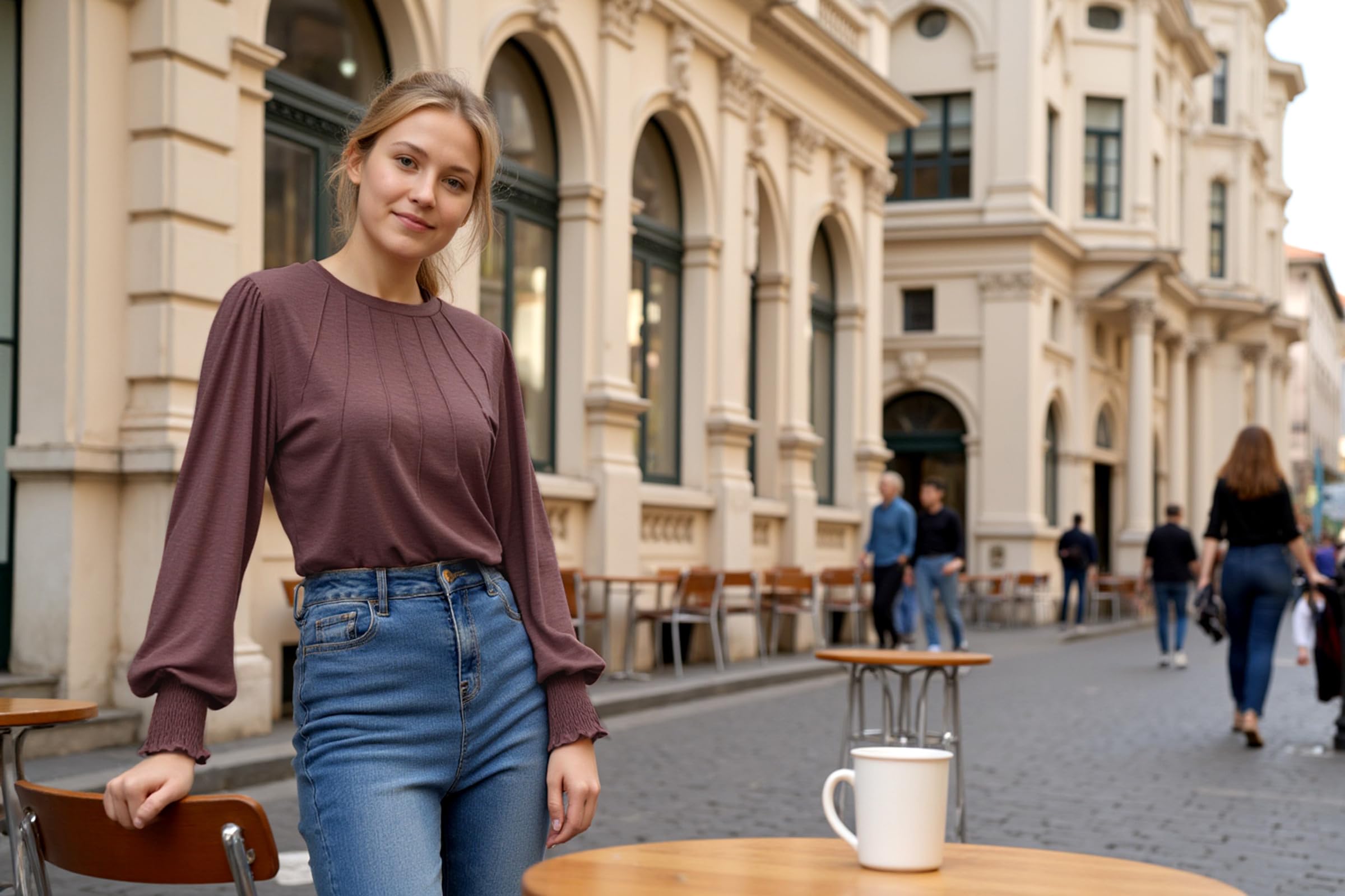 Gyabnw Maglietta Manica Lunga Donna T-Shirt Cotone Maglia Donna Elegante con Maniche a Sbuffo Girocollo Adatto per Gonne alla Moda Pantaloni Pantaloncini