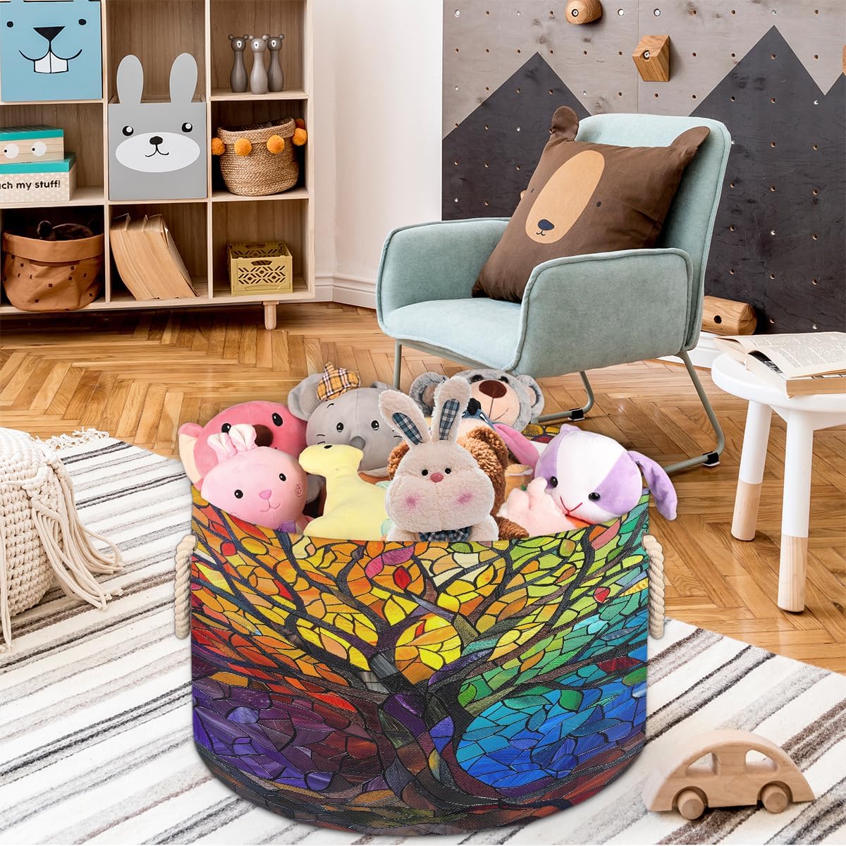 Large Round Laundry Basket Rainbow Tree Of Life Glass Toy Organizers and Storage for Girls Canvas Collapsible Blanket Storage Basket Laundry Hamper Gift Baskets Bedroom Clothes Children Nursery