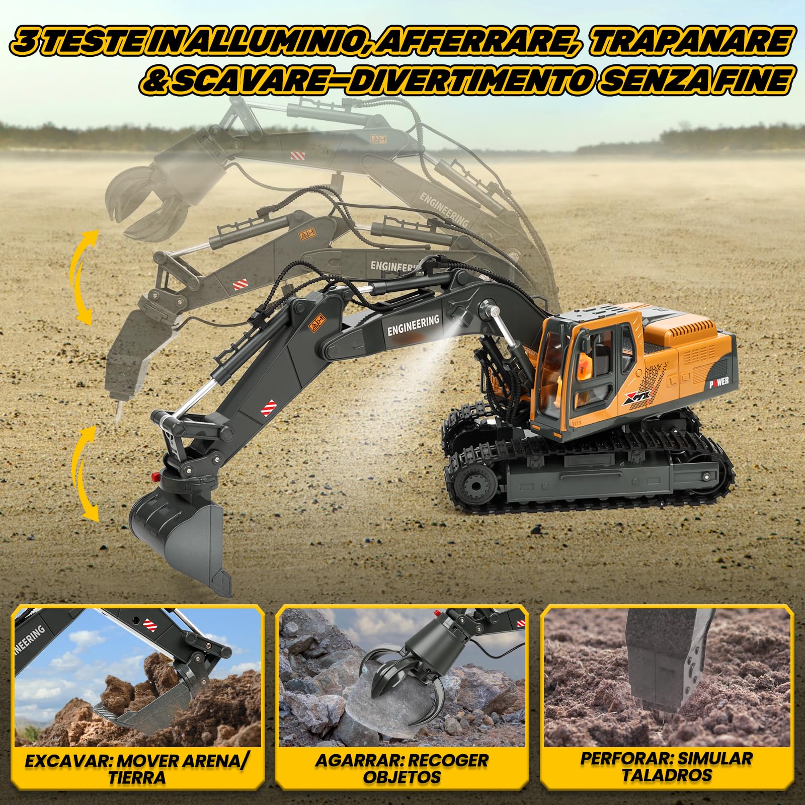 Charmofun 3-en-1 Excavadora Teledirigida, Juguete RC con 3 Cabezas de Metal, Cabina Giratoria 680° con Luces y Música, Regalo para Niños 3-12 Años