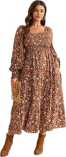 RWJ Women's Plus Size Fall Dress Long Sleeve Square Neck Floral Print Sm...