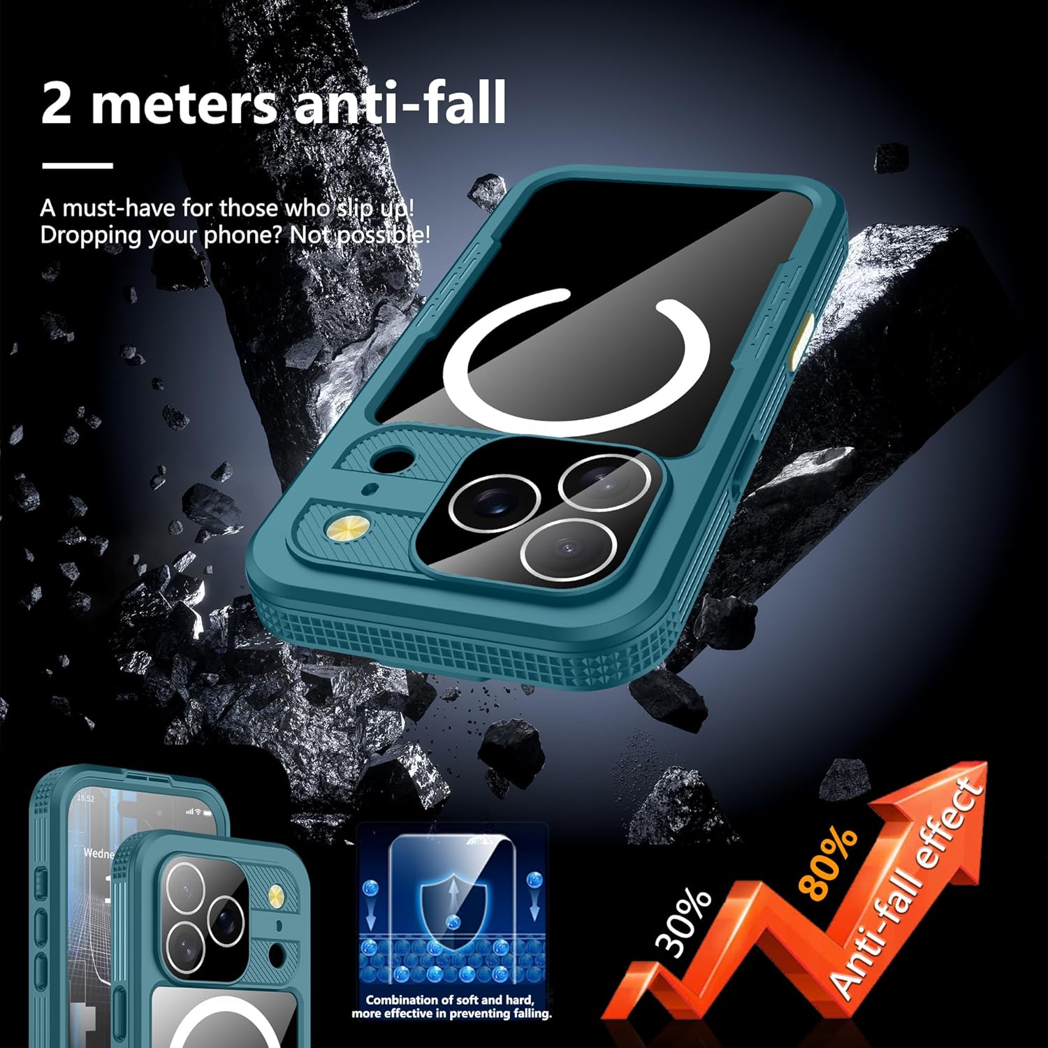 GOLDJU 2025 New Magnetic for iPhone 17 Pro Case-Waterproof, Built-in Screen & Camera Protector-IP68 Underwater Full Body 16FT Military Dropproof Shockproof Case for 17 Pro 6.3''- Blue - Image 2