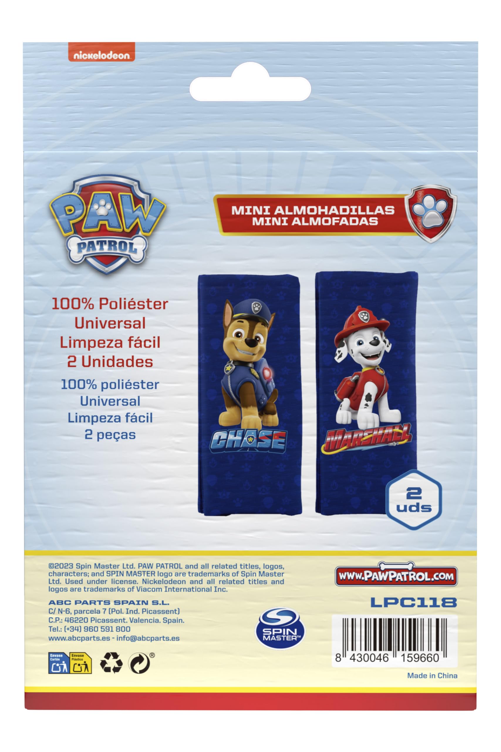 PAW PATROL Zestaw 2 mini nakładek na pasek dla chłopców z Chase i Marshallem nakładki na pas dziecięcy z figurkami Chase i Marshall. Idealne do pasów bezpieczeństwa dzieci. Wyjątkowo wygodne i