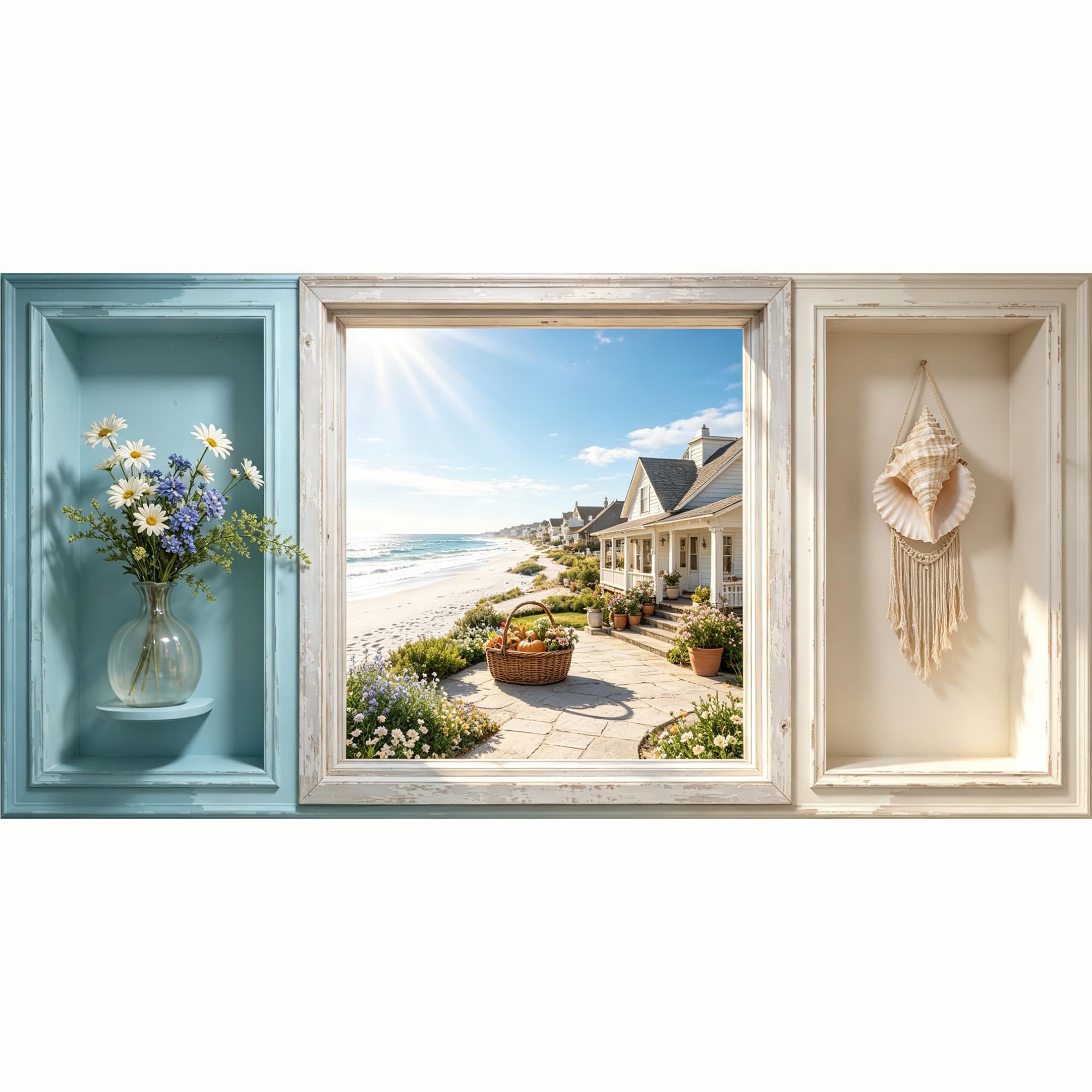 QZLITHOTIC 50x100cm 3D Framed Wall Art， Coastal Beach House Scene Farmhouse Floral Decor Self‑Adhesive Mural， Water‑Activated Peel & Stick Fabric Decor Wall Decal for Bedroom Living Room