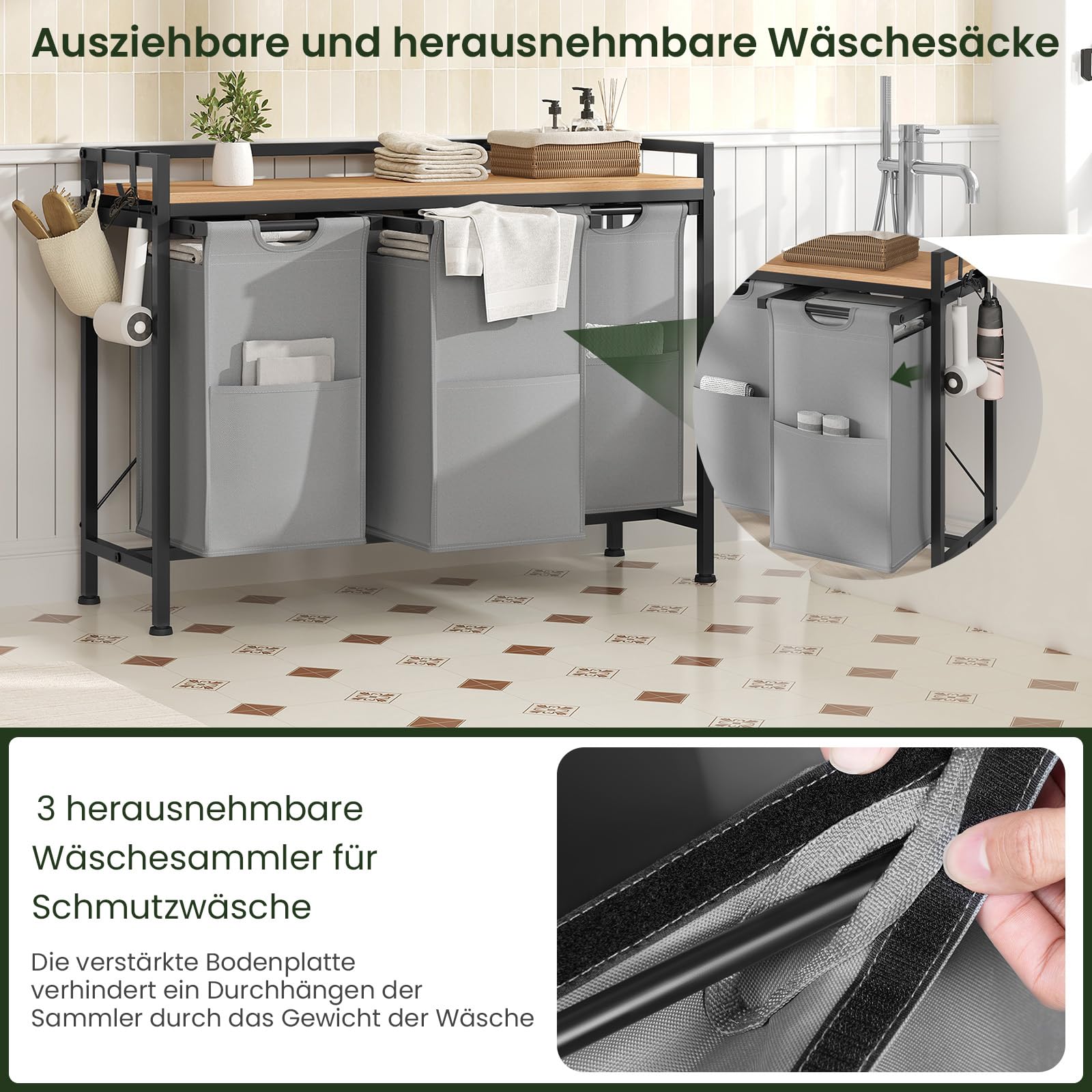 EUGAD Wäschekorb 3 Fächer, jedes 40 L, Wäschesammler ausziehbar abnehmbar, Oxford-Stoff-Wäschesack, Wäschewagen mit Rollen Ablage, Haken, Metallrahmen, Schlafzimmer Waschküche, 97x71x30 cm