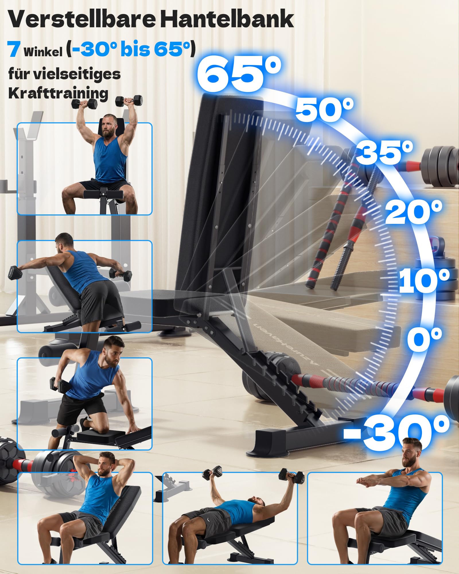 Hantelbank Klappbar Verstellbar, Multifunktions Trainingsbank Schrägbank für Ganzkörper-workout, 7 in 1 Fitnessbank für zu Hause oder im Fitnessstudio,360kg Gewichtskapazität