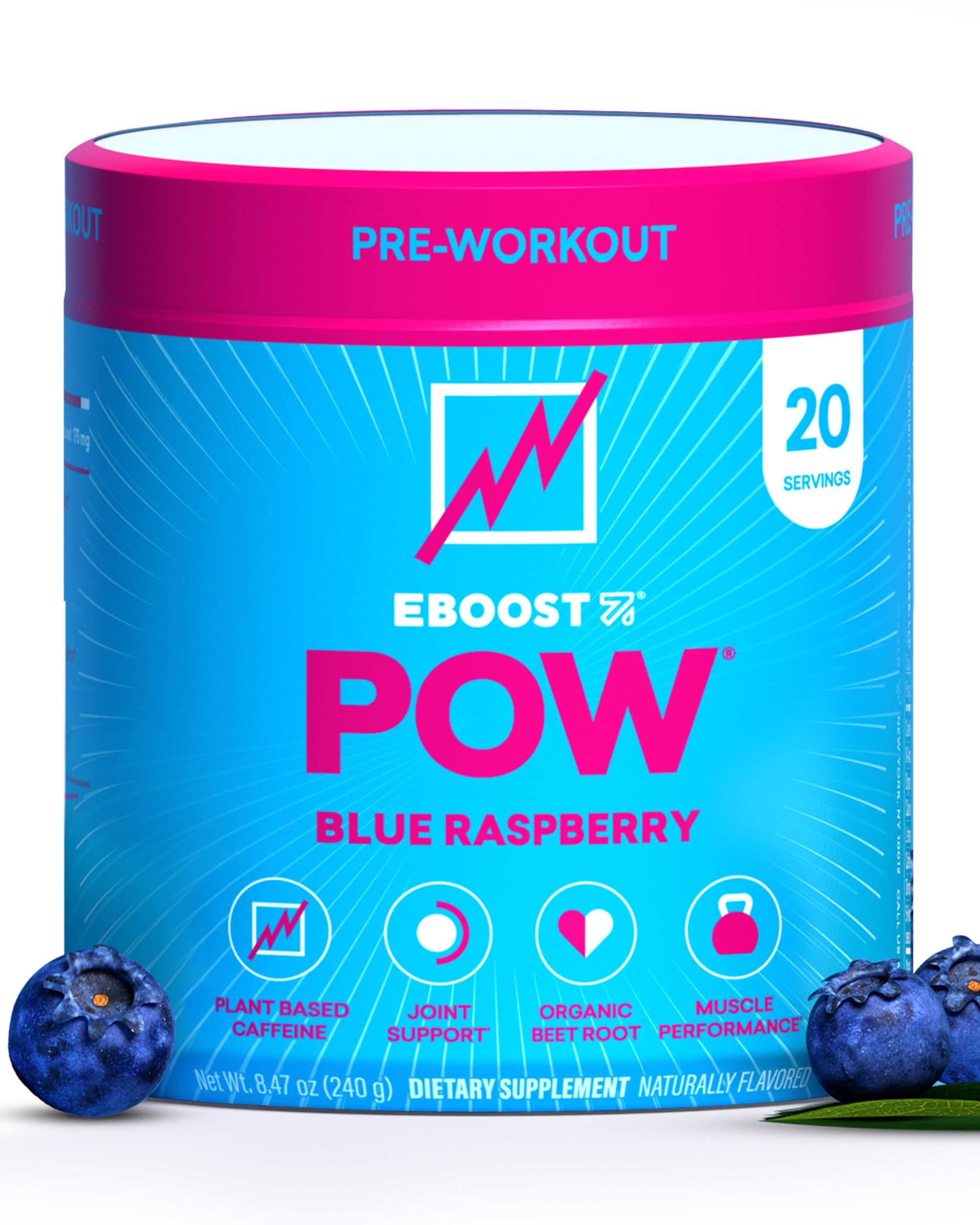 EBOOSTEBOOST POW Natural Pre Workout Powder – 20 Servings - Blue Raspberry - A PreWorkout Supplement for Performance, Joint Mobility Support, Energy - Men and Women - Non-GMO, Gluten-Free, No Creatine