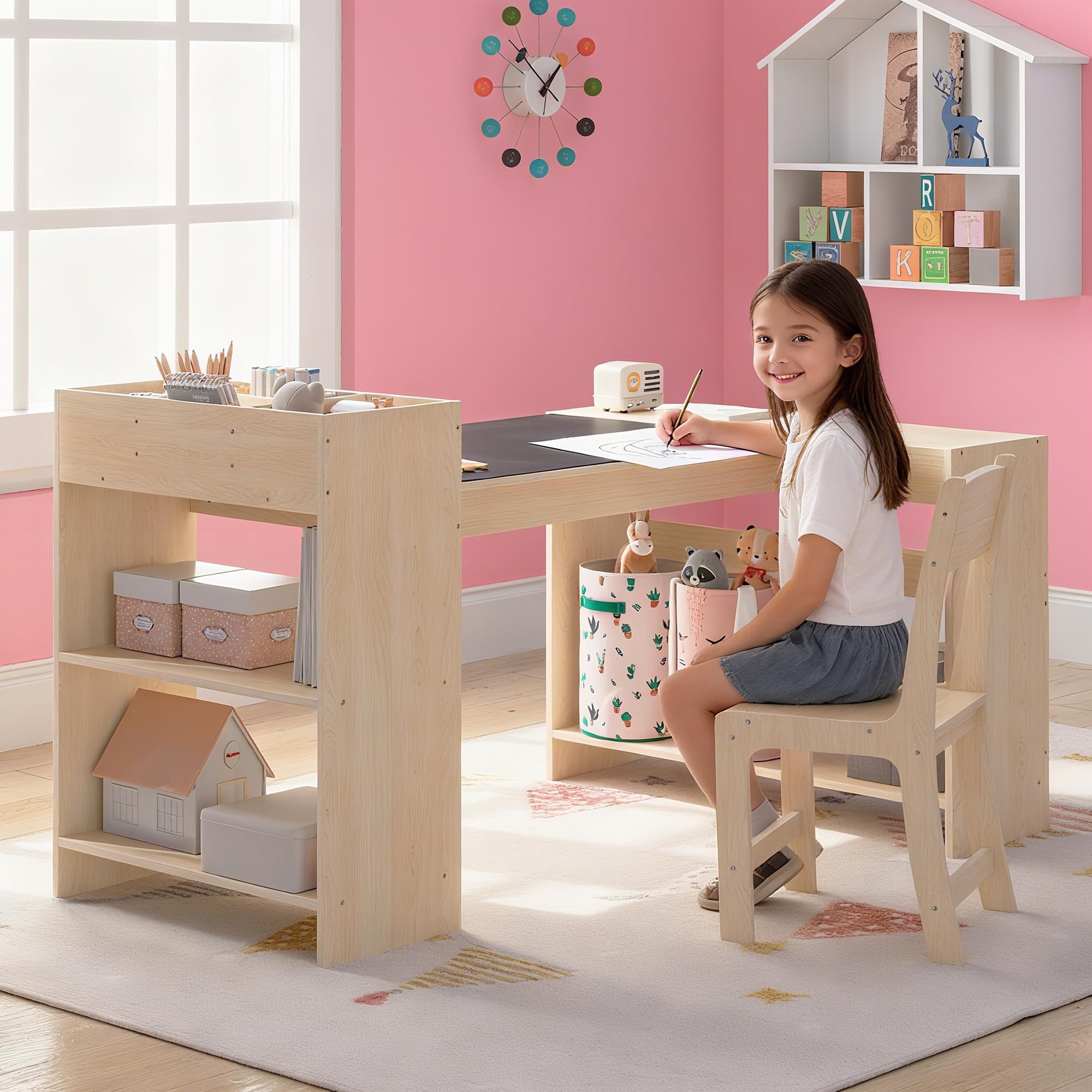 Juego de mesa de arte para niños y 1 silla, mesa de manualidades para niños con rollo de papel y almacenamiento, juego de madera ajustable en altura para niños pequeños, escritorio de 7