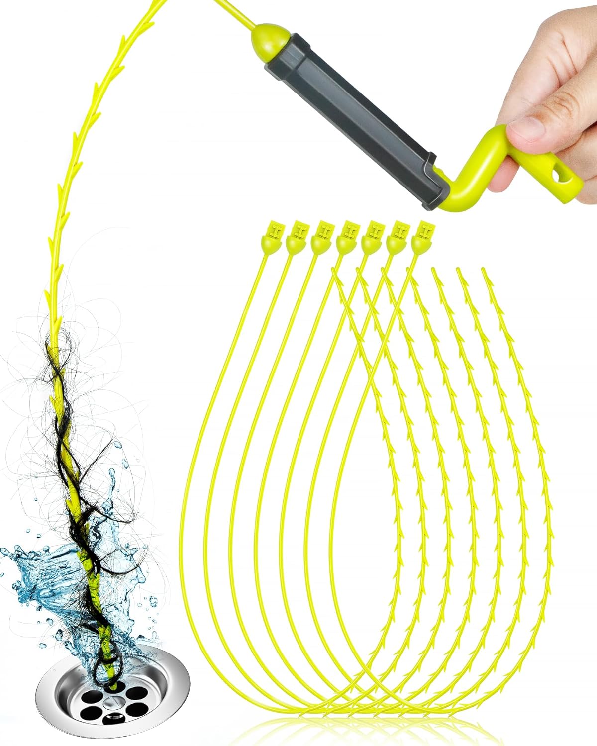 35-Inch Rotating Drain Clog Remover Tool, Hair Catcher Drain Cleaner for Shower, Kitchen, Sink, and Bathtub, Upgraded Design to Pass Through Tiny Drain Holes, 6 Pack