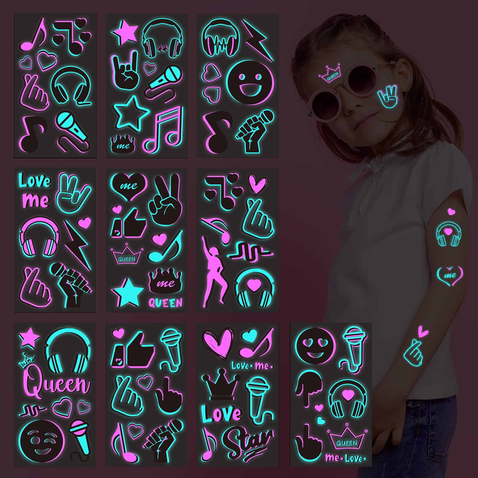 Konsait Glow in The Dark Temporary Tattoos for Kids Adults,10 Sheet Neon Music Party Body Face Tattoos Waterproof Fake Tattoos Stickers for Boys Girls Women Birthday Gifts Glow Party Favor Supplies
