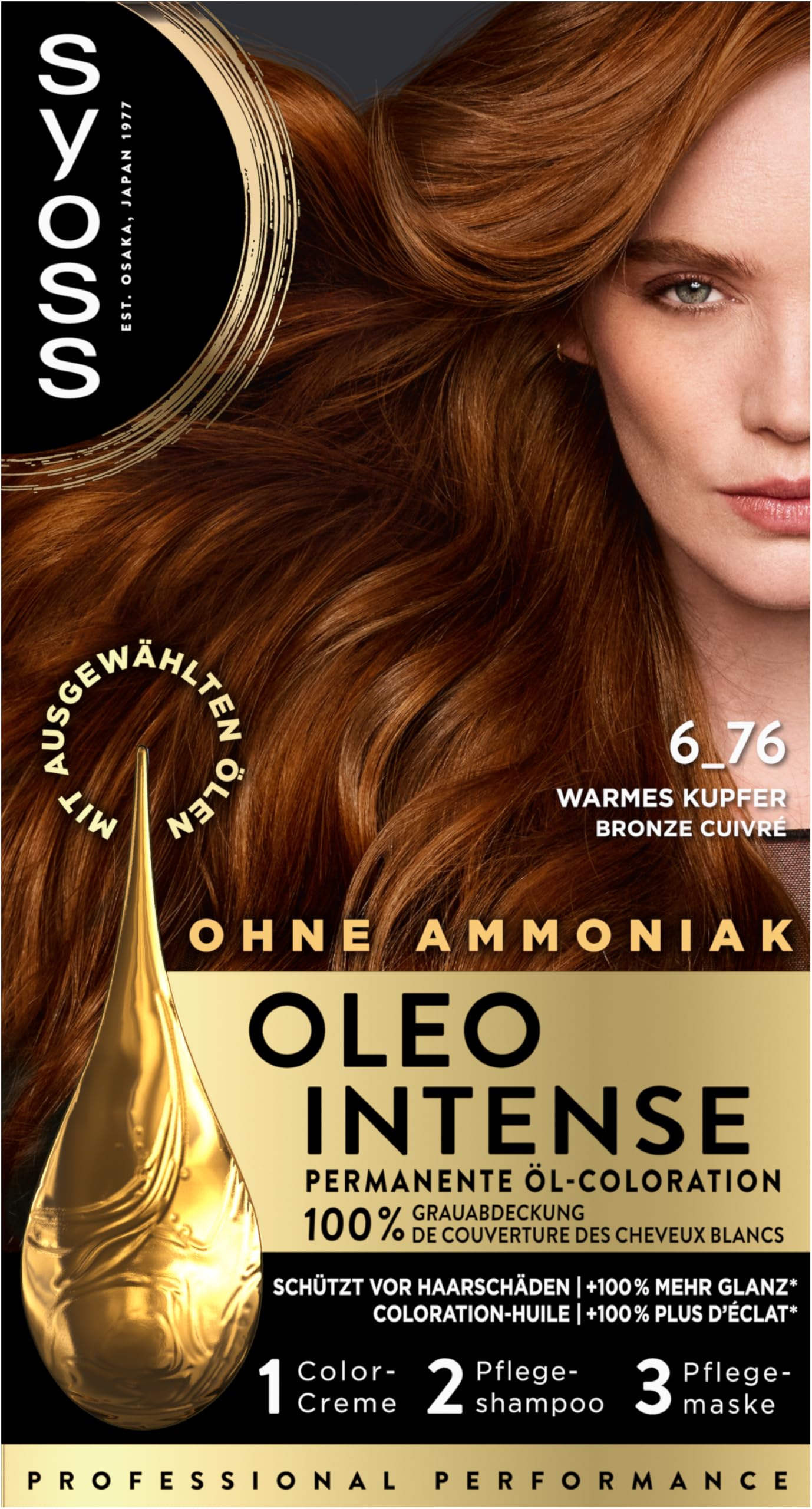 Syoss Oleo Intense - Coloración de aceite 6-76, cobre cálido, nivel 3 (115 ml), color permanente con aceite nutritivo, coloración sin amoniaco