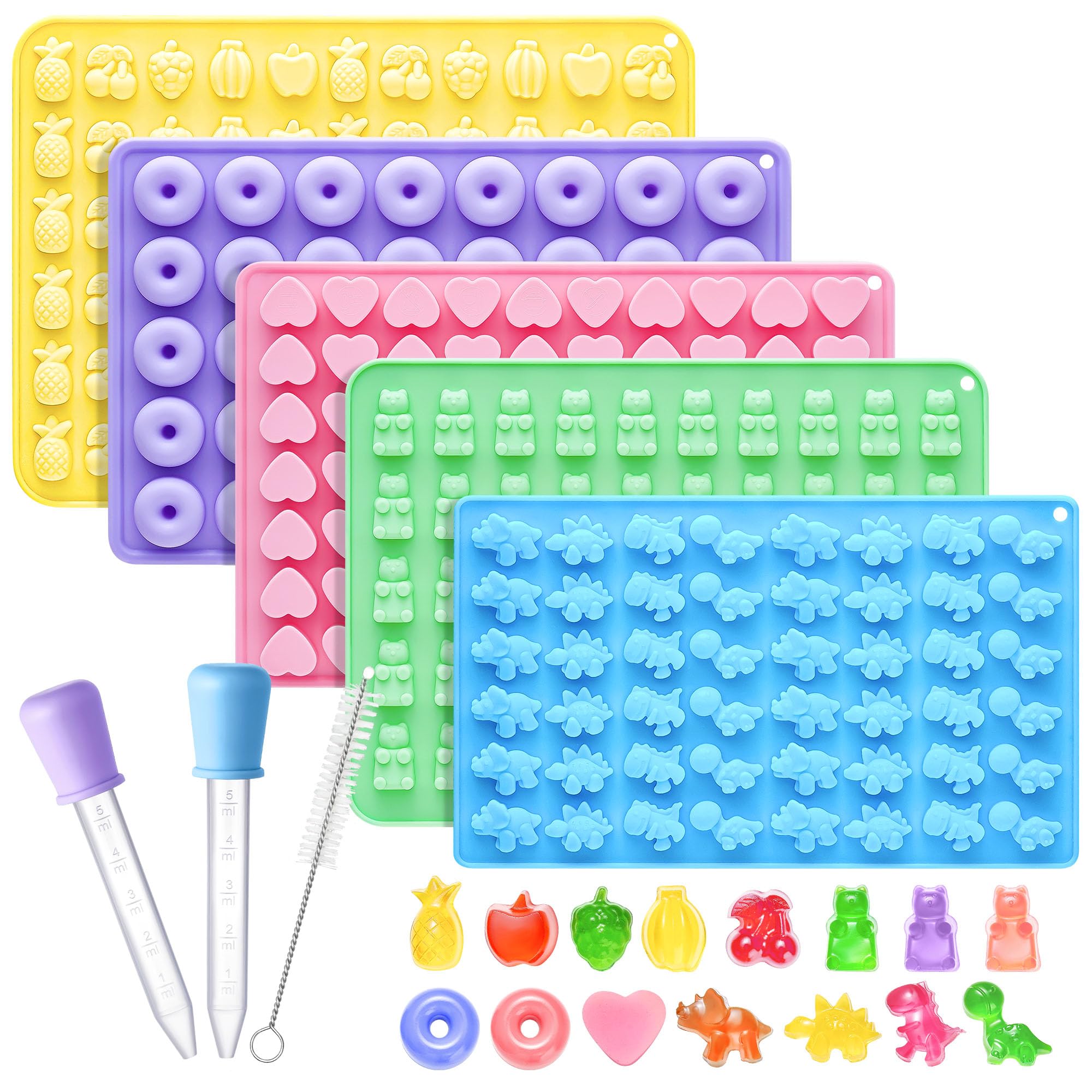 silicone gummy molds set of 5 non-stick candy chocolate molds with 2 droppers 1 clean brush includes dinosaur bear donut fruit heart shape