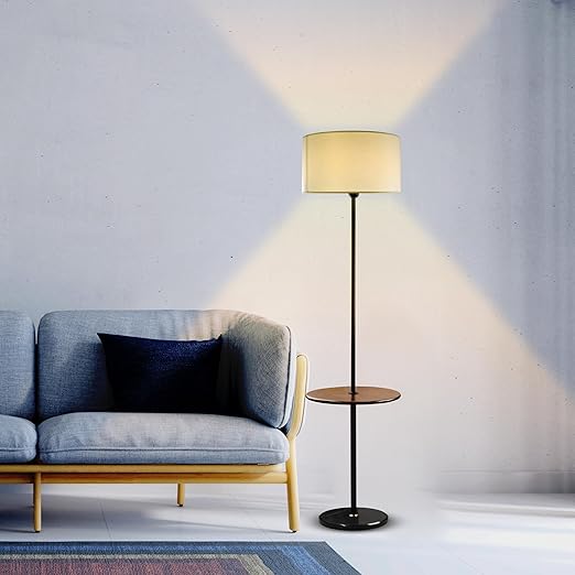 Prisha lights Mateo Modern Floor Lamp with Wooden Table Shelf + Black Italian Marble Base for Living Room, Modern Standing Lamp with White Jute Lampshade + 3 Color LED Bulb Included