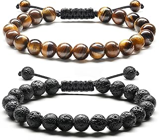 ADRAMATA Beaded Bracelets for Men 8MM Lava Rock Stone Tiger Eye Bracelet Adjustable Natural Stone Bracelets Handmade Bead Bracelets Mens Bracelets Set Mens Jewellery Gift for Men