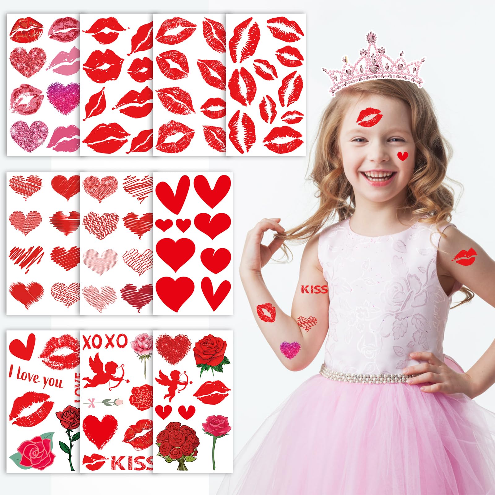 Konsait Valentine's Day Heart and Lip Tattoos - Rose Pattern Fake Tattoos for Women and Girls - 10 Sheets Party Supplies