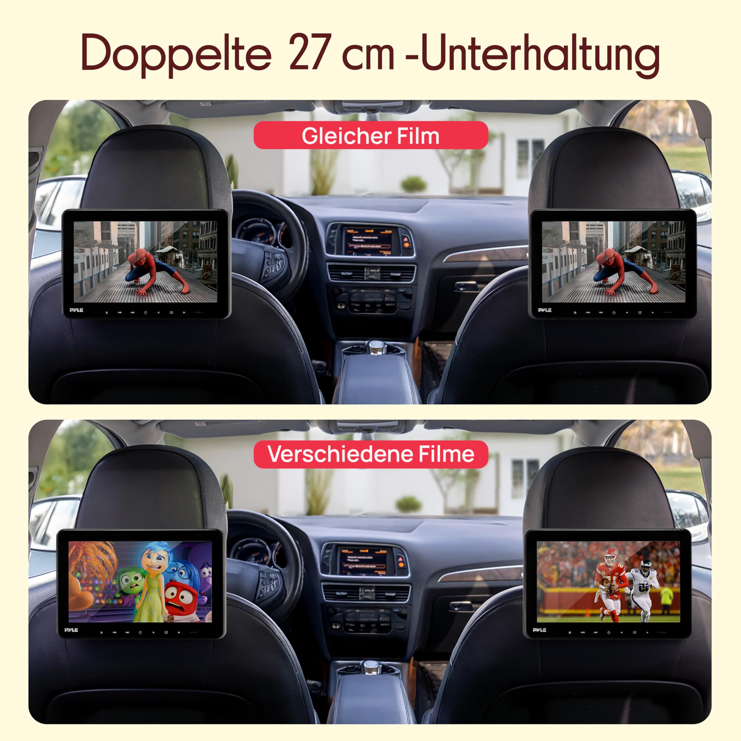 Pyle DVD Player Auto - 2 Kopfstützen Monitore 10,5" (27 cm) für Rücksitz - HDMI Auto Fernseher für Kinder mit Kopfhörer, USB SD AV In/Out