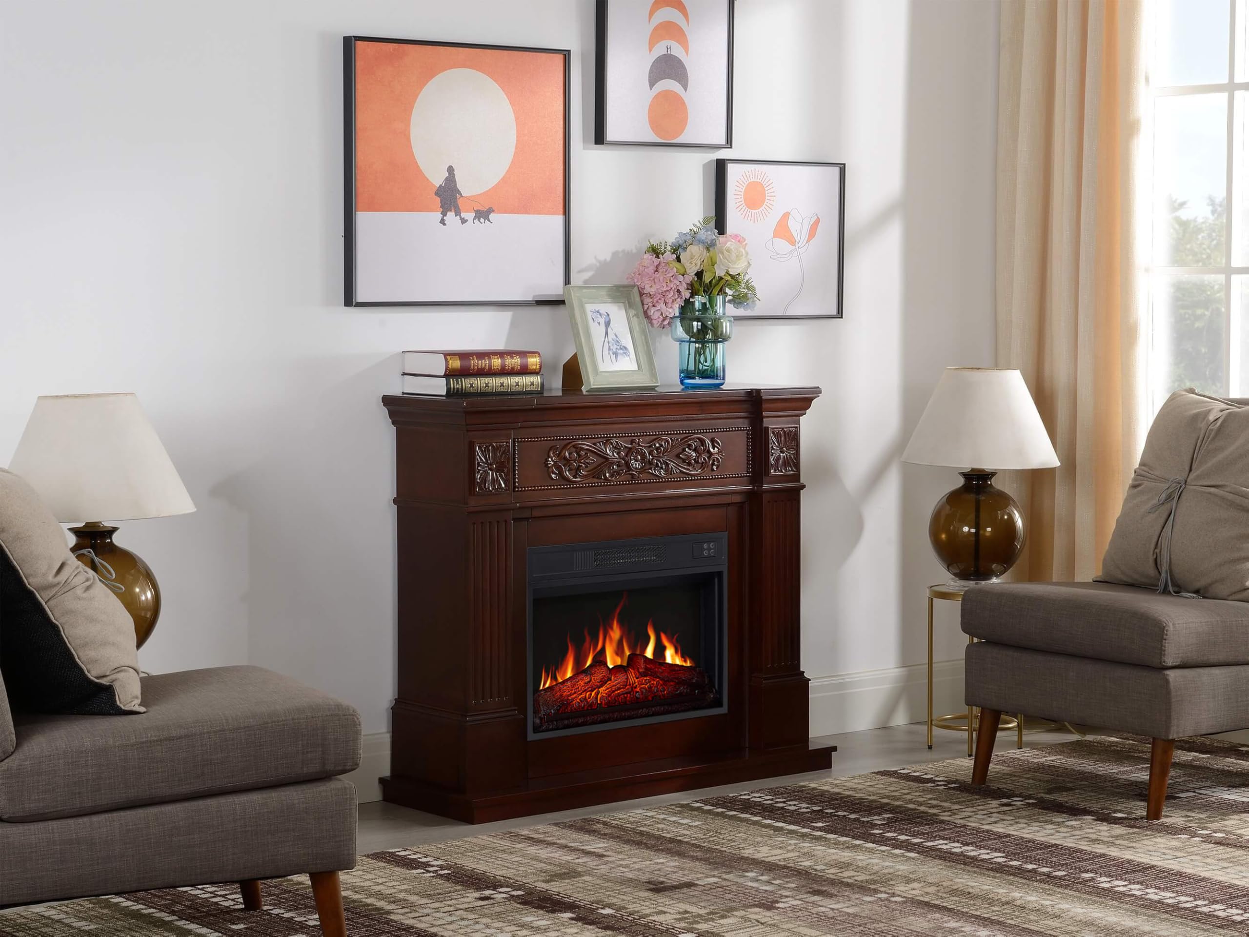 Elektrokamin Toscana AF23S, Elektrischer Standkamin mit Heizung 1800 W, realistischer Flammeneffekt, LED-Beleuchtung, Fernbedienung, Timer, Thermostat, Knistereffekt, MDF, Russet