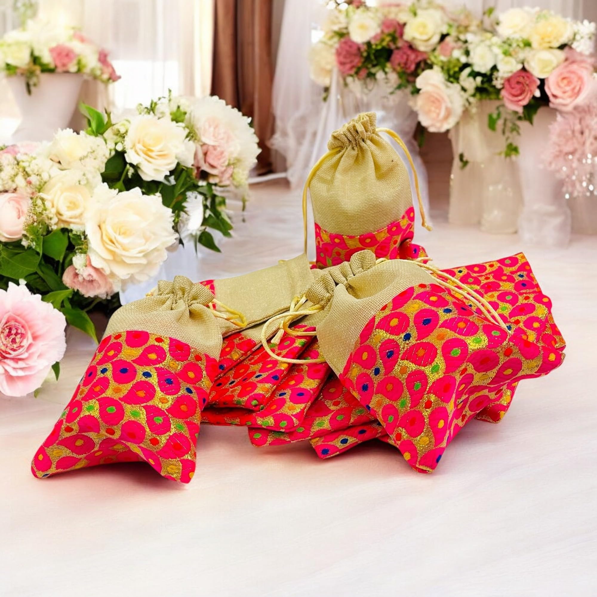 Kriwin Pack of 25 pcs Small Size Brocade & Jute Potli Gift Bags (18 X 12 cm) 3