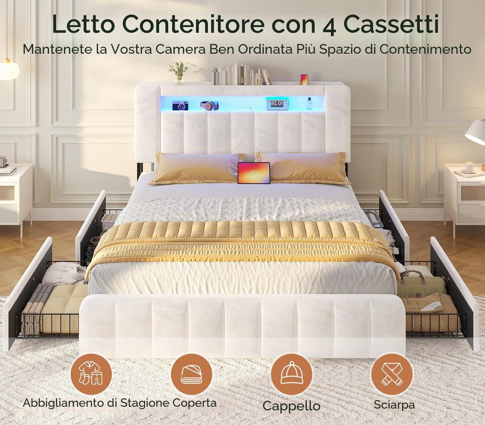 AOGLLATI Letto Matrimoniale con Contenitore 140x190, Struttura Letto con LED e Stazione di Ricarica, Letto Matrimoniale Imbottito con 4 cassetti, Vano Portaoggetti Laterale, Partizione, Velluto Beige