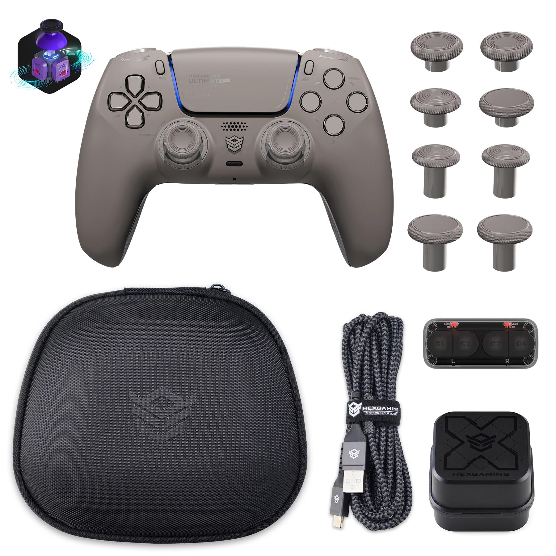 HEXGAMING ULTIMATE PRO Controller per ps5/PC,Wireless/USB Joystick Pro | 4 Tasti Posteriori Rimappabili&8 Levette Analogiche Effetto Hall&6 Profil&Trigger Grilletti Regolabili,Grigio Quantum