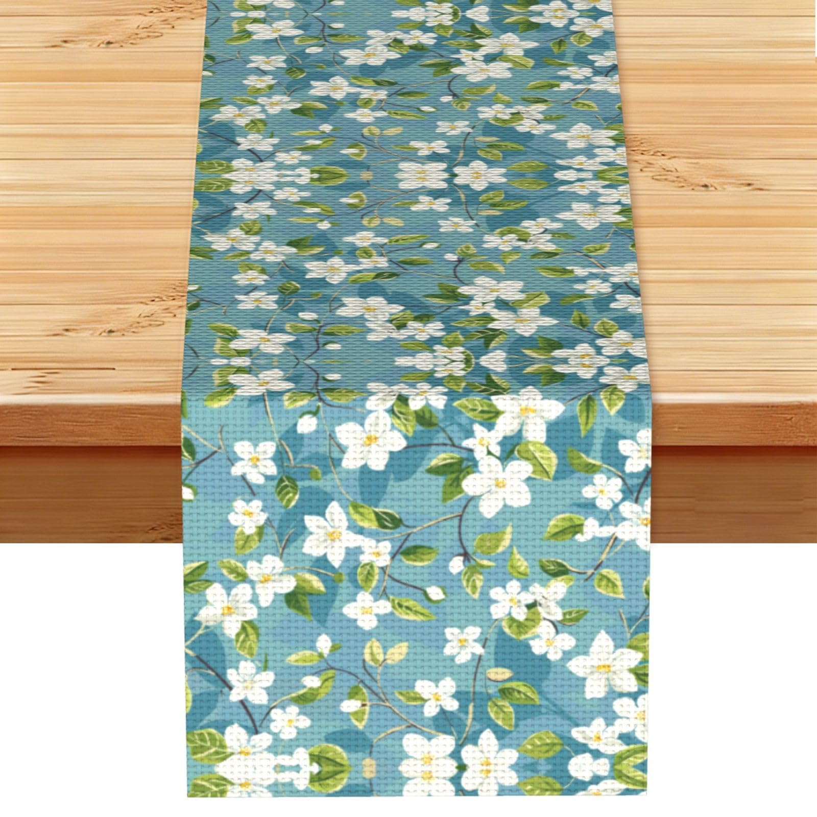 Crisp Teal White Flowers Printed Table Runner 13 x 72, Wrinkle Resistant Decor for Dining Table Coffee Table Fireplace