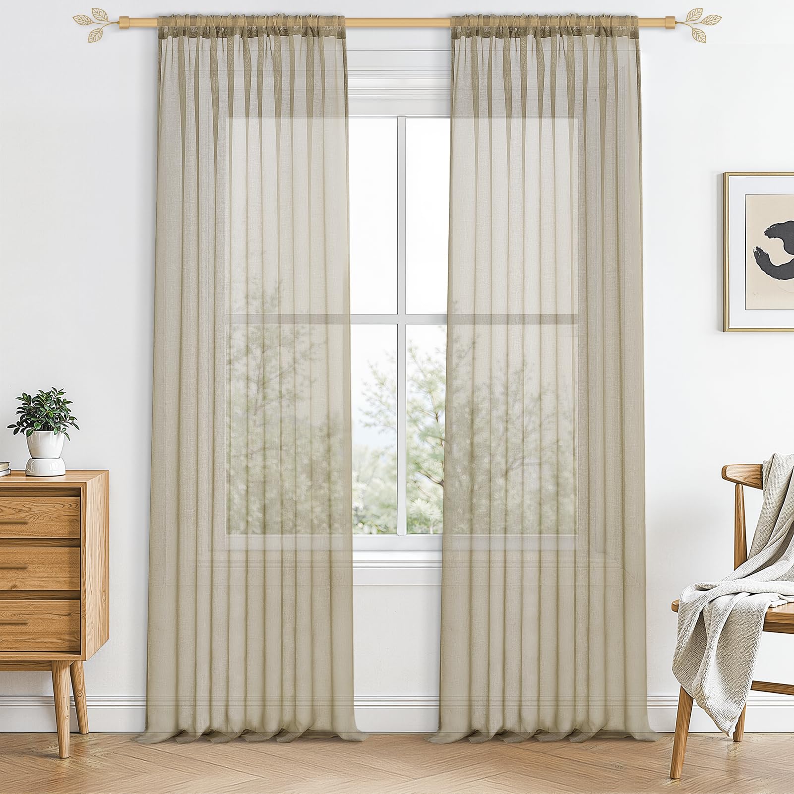 CUTEWIND Vorhang mit Stangendurchzug Voile Vorhänge Schlafzimmer Transparent Vorhang für große Fenster 140x260cm BxH 2er-Pack Beige