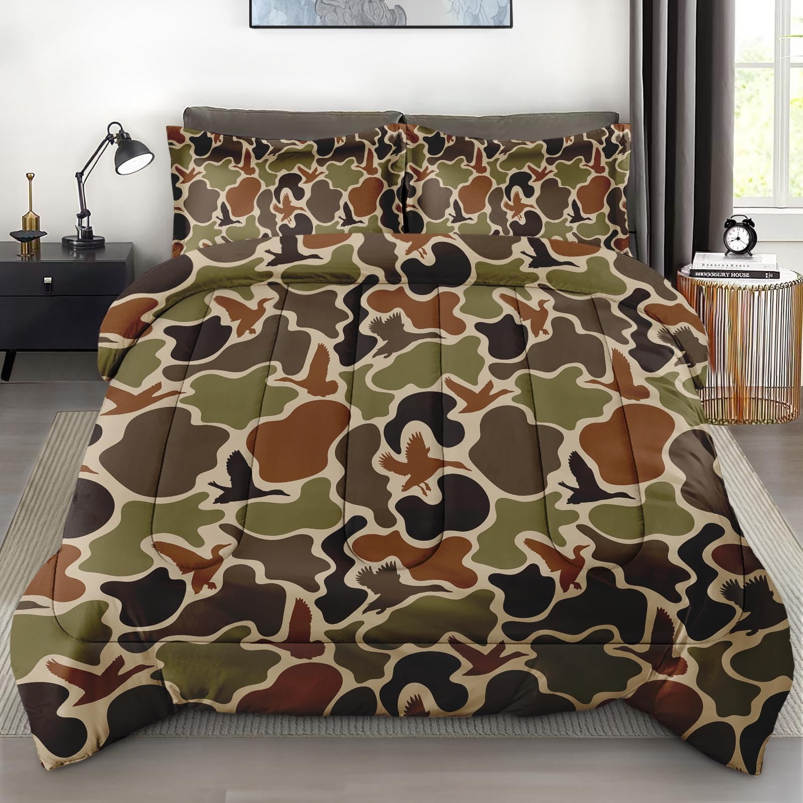 Zzzboro Comforter Set with 2 Pillowcases Full Size, Camouflage Hunting Duck Hunter Birds, Bedding Decor Camo Army Green Military Woodland for Kids and