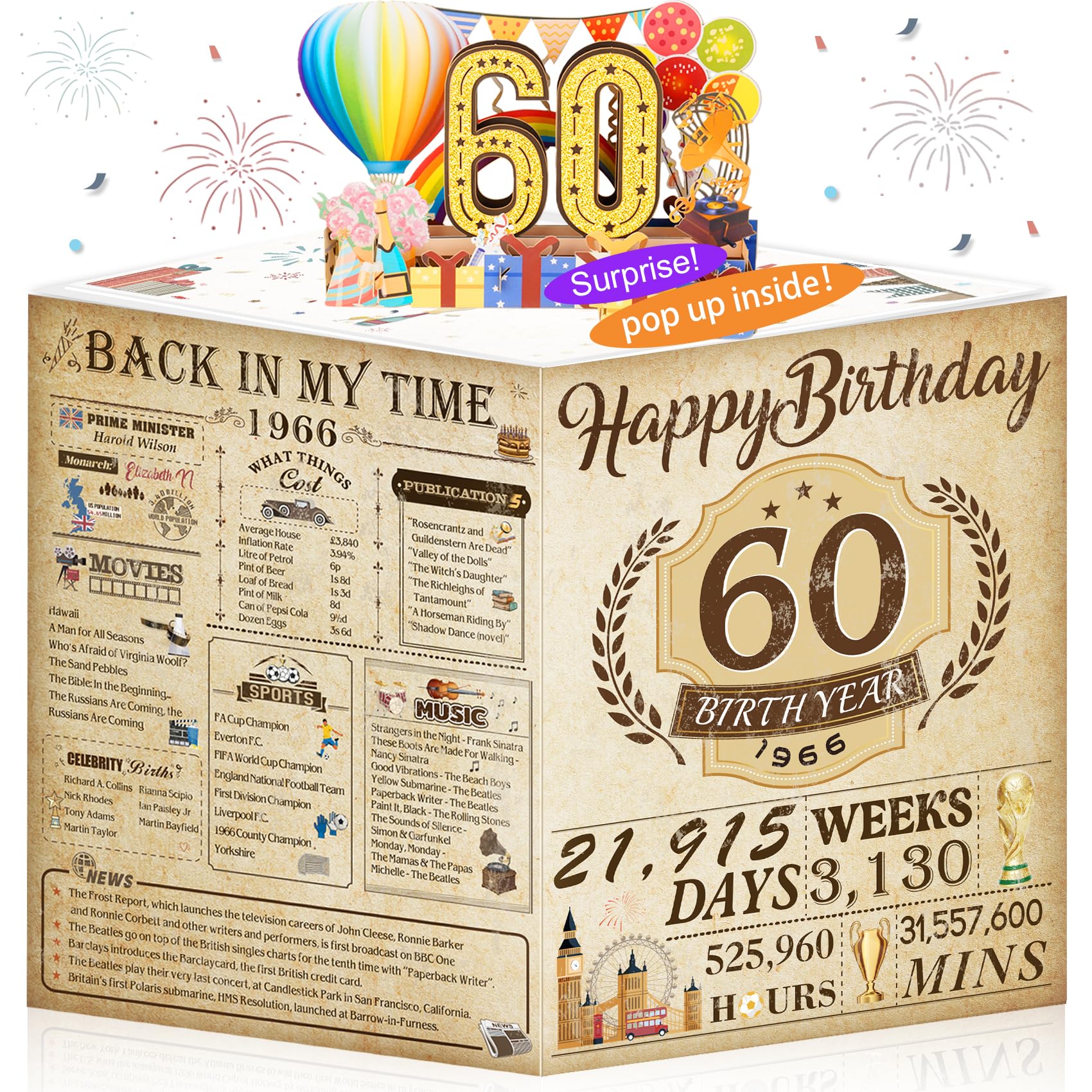 60th Birthday Cards Funny 3D Pop Up Gifts with Envelope for Women Men Wedding Anniversary Party Decorations Born In 1966 60 Year Old Poster Greeting Card for Grandma Mum Dad Husband Wife Aunt Uncle