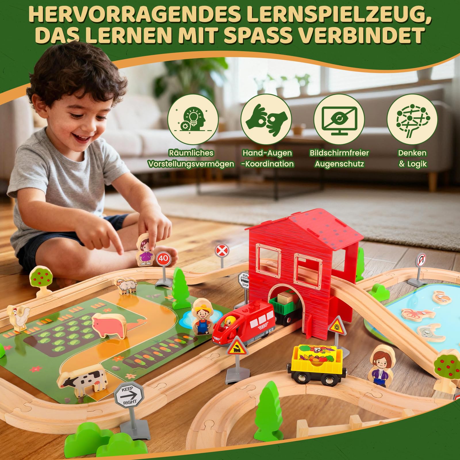 Eisenbahn Holz Set, 100 Stück Holzeisenbahn Schienen Bauernhof Thema holzschienen Eisenbahn mit Kleiner Zug, Teich, kleine Tiere für Jungen und Mädchen von 3+ Jahren