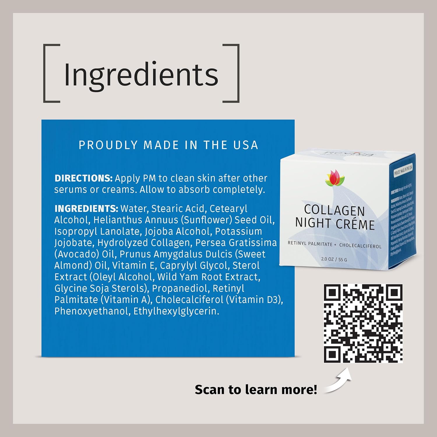 Reviva Labs Collagen Night Cream – Hydrating Face Cream for Women with Hydrolyzed Collagen and Natural Oils for Youthful, Supple Skin – Firming Moisturizer for Face & Neck Area, 2 oz - Image 6