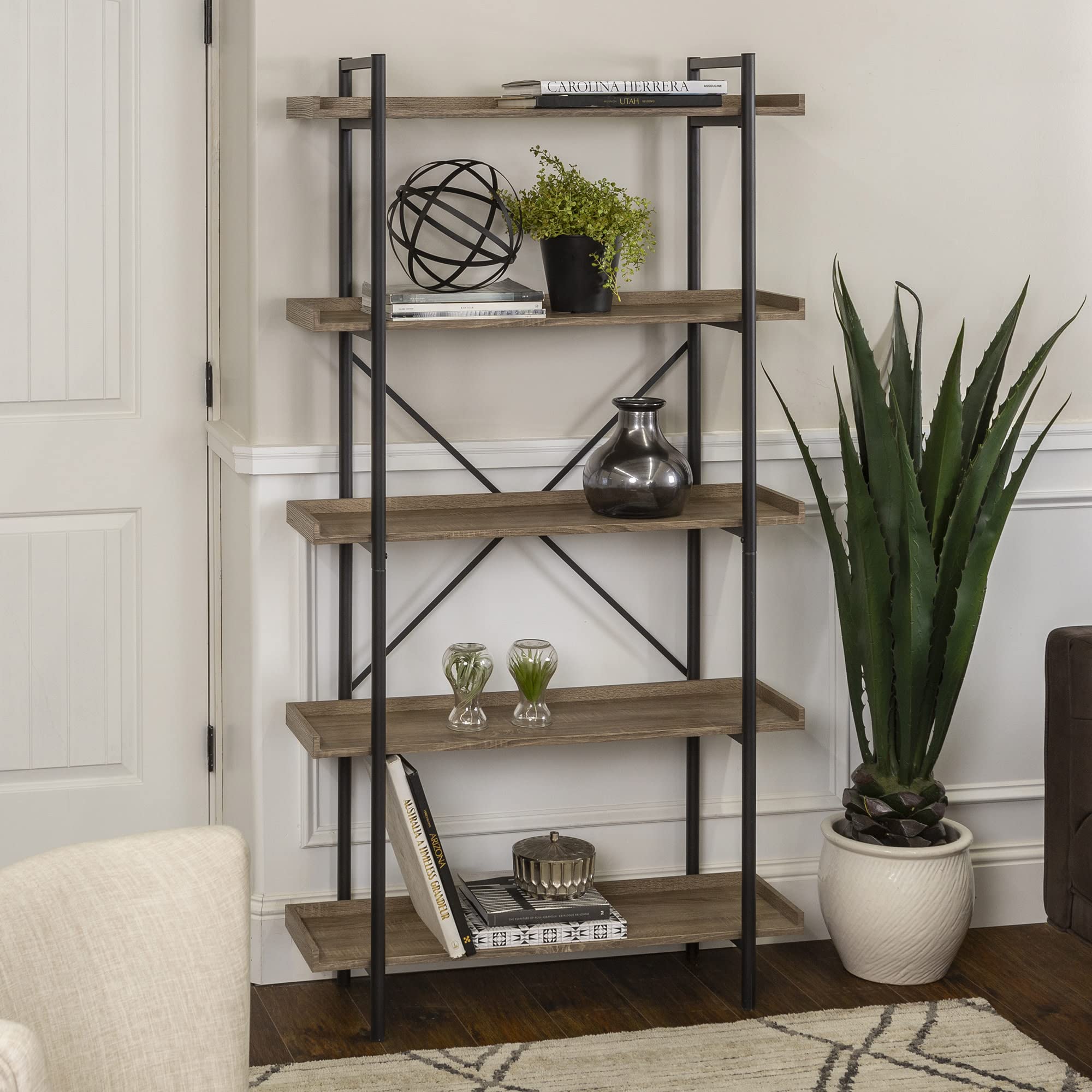 URBNLIVING Bookcase 5 Tier Shelves Bookshelf Bookcase Freestanding Unit for Office, Hallway, Living Room (Driftwood)