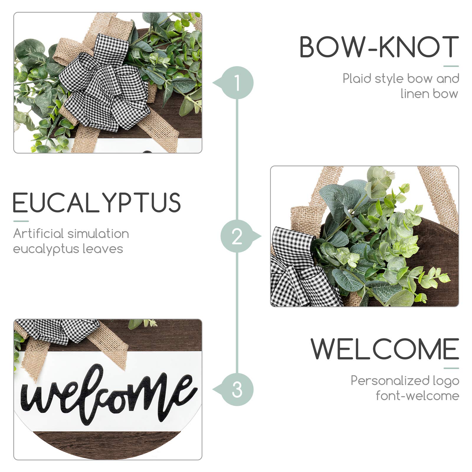 Dahey Rustic Welcome Sign with Artificial Eucalyptus Front Door Decor Round Wood Hanging Sign Farmhouse Porch Decorations for Home Outdoor Indoor, White,Small