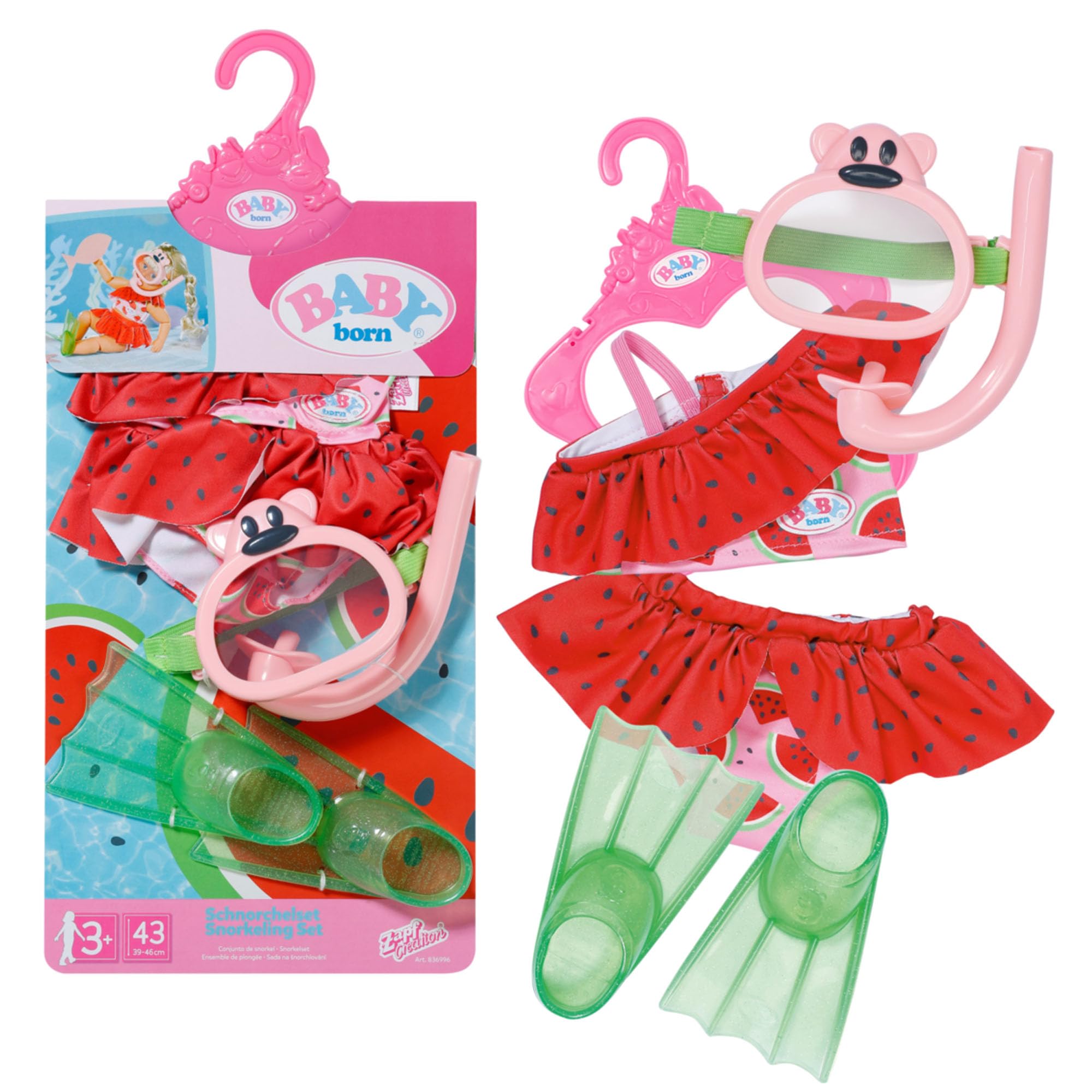 Baby Born Tauchspaß 43cm, Schnorchelset mit Bikini, Taucherbrille und Schwimmflossen für 43cm Puppen, 836996 Zapf Creation, Rosa