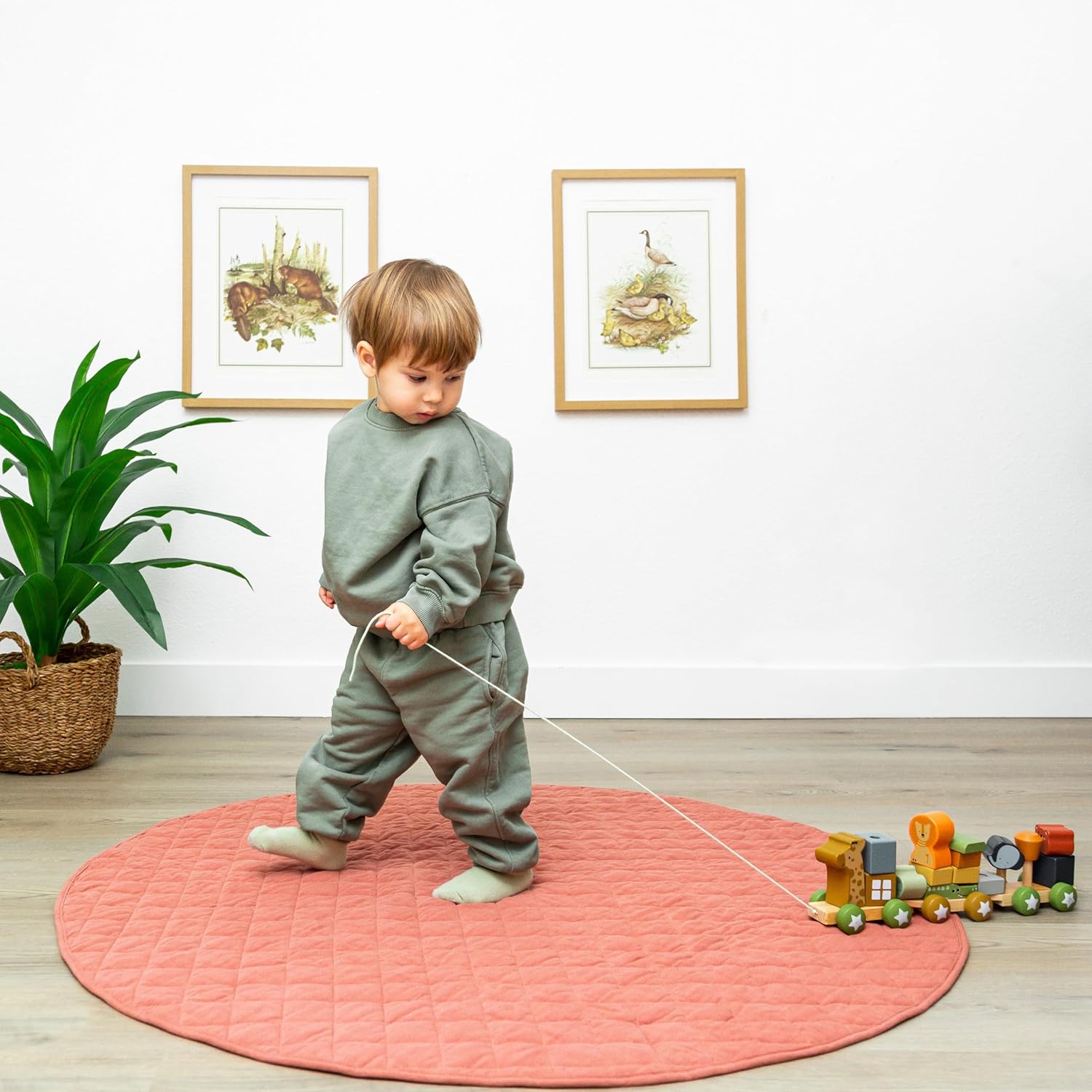 Reversible Quilted Linen Baby Playmat, 100% Linen Tummy Time Playmat with 100% Cotton Batting for Play & Nursery Décor, 48" Round, Desert Rose, Includes 100% Cotton Canvas Storage Bag