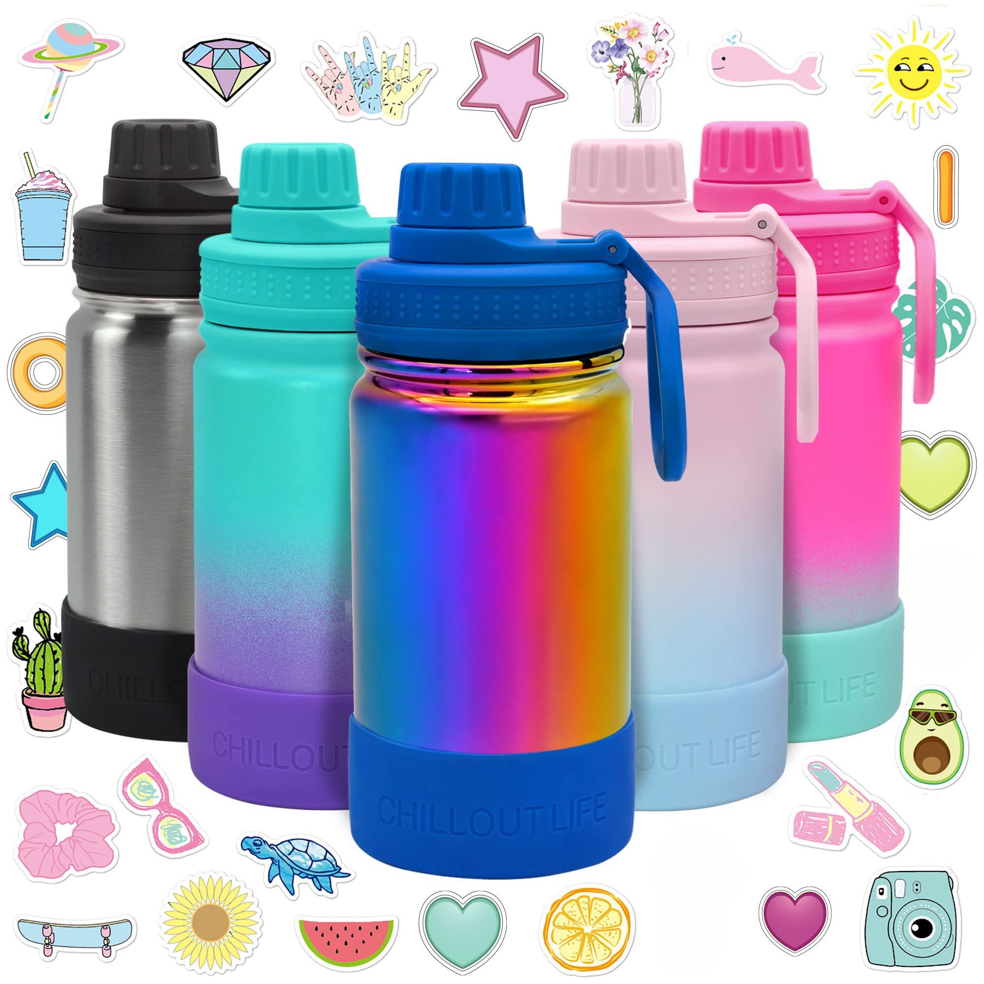 CHILLOUT LIFE 12 oz Kids Insulated Water Bottle for School with Leakproof Spout Lid and Cute Waterproof Stickers, Personalized Stainless Steel Thermos