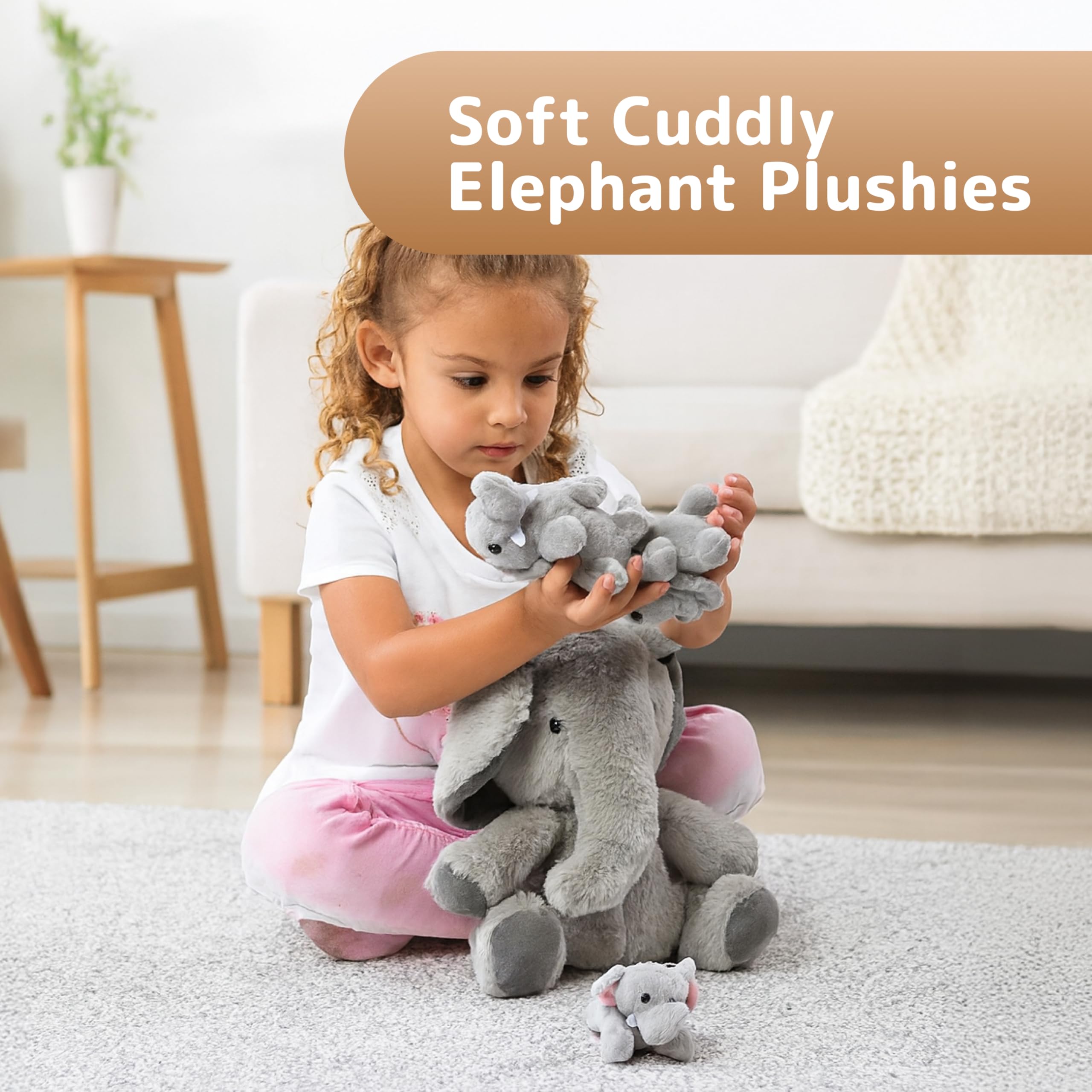 Prextex Carry Along Plüsch-Elefant mit 3 kleinen Plüsch-Elefanten – 4-teiliges Spielset für weiche Stofftiere