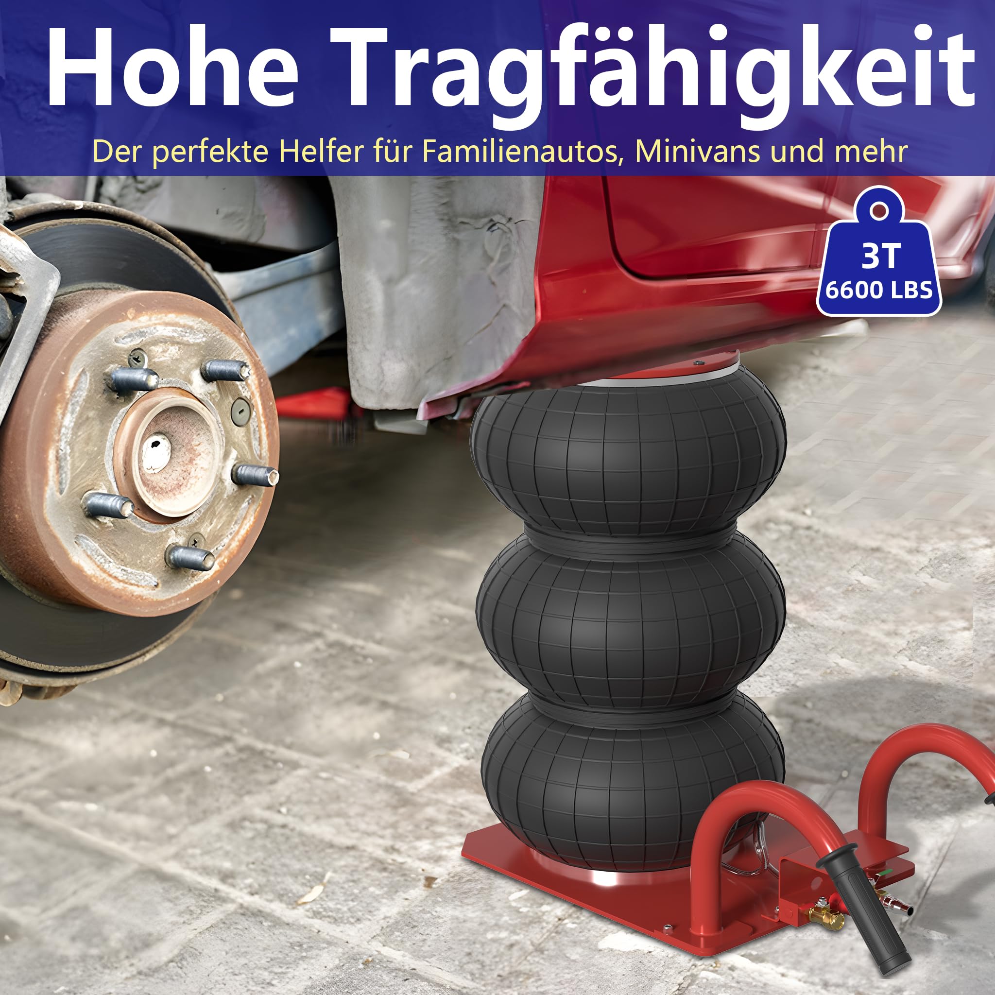 YRHome 3T/6600Lbs Pneumatischer Wagenheber mit Griff Druckluftwagenheber Luftkissen Rangierwagenheber Hebebühne Luftheber Druck Luft für Rangierwagenheber KFZ