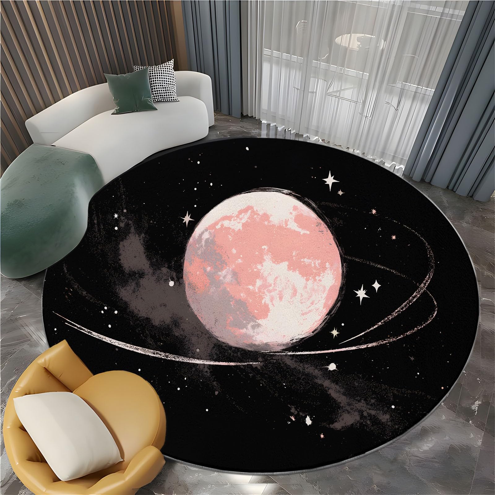 Générique Tapis Rond Doux Lune Étoiles Rayures à Poils Courts 120 cm, Antidérapant Absorbant Tapis d’Intérieur Style Onirique pour Chambre Salon Entrée Chambre d’Enfant Garçons et Filles