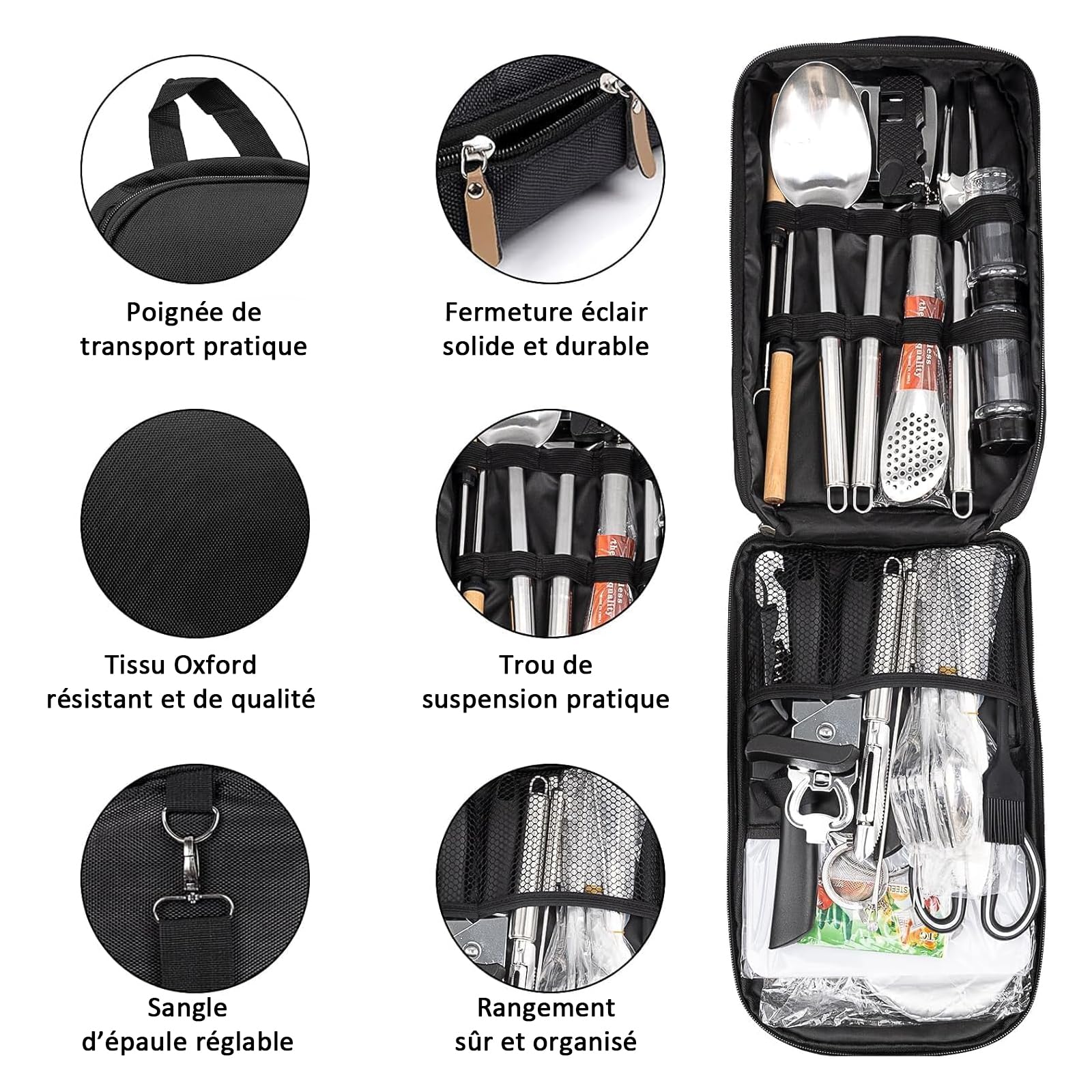 Ensemble de 35 Ustensiles et Couverts de Camping avec Sac de Rangement, Assiettes et Tasses, Accessoires de Cuisine Extérieure pour Voyage, Pique-Nique et Barbecue