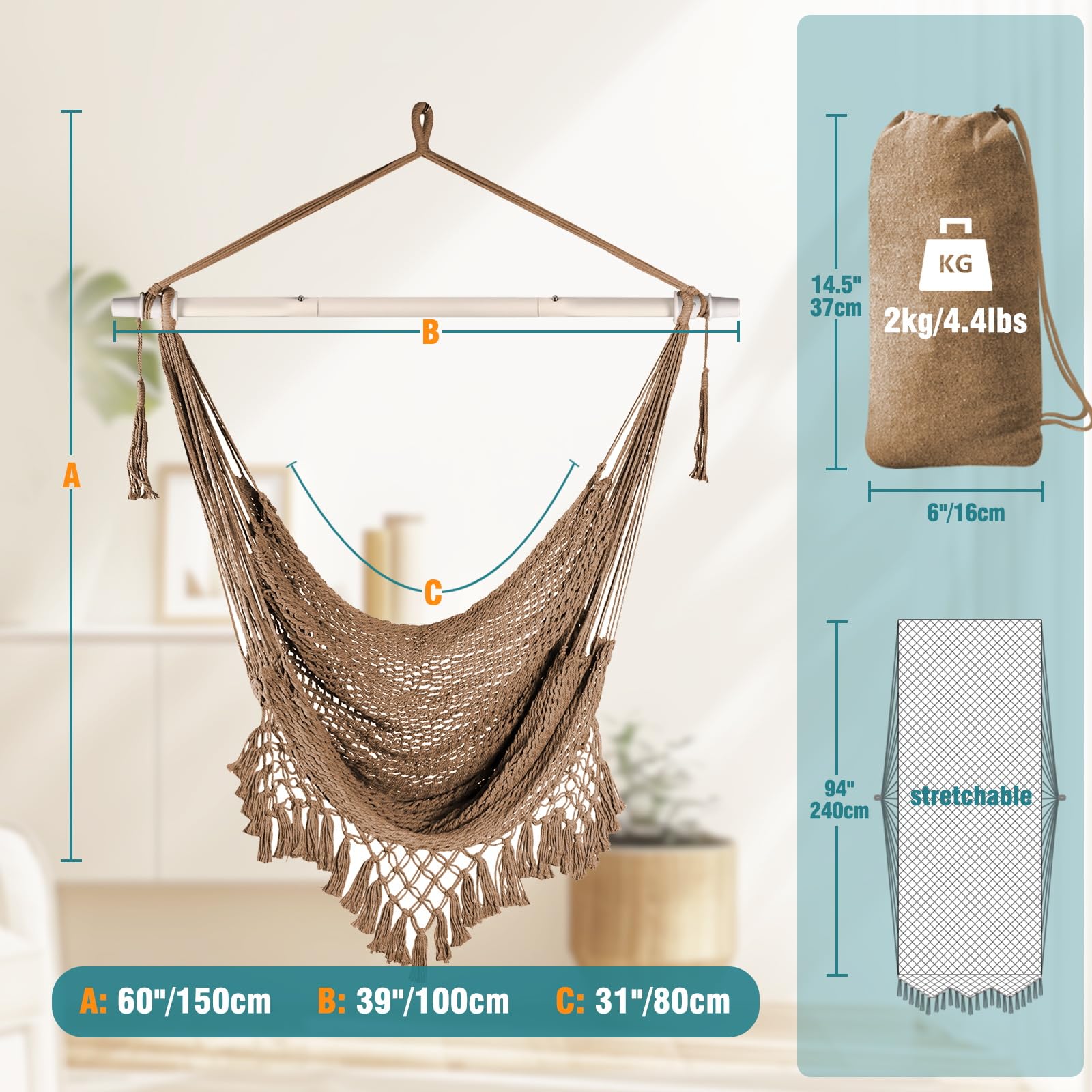 Silla hamaca súper grande de tejido de cuerda de algodón hilado suave, plegable y resistente, barra esparcidora de metal, asiento ancho, sillas oscilantes elásticas para interiores y exteriores 4