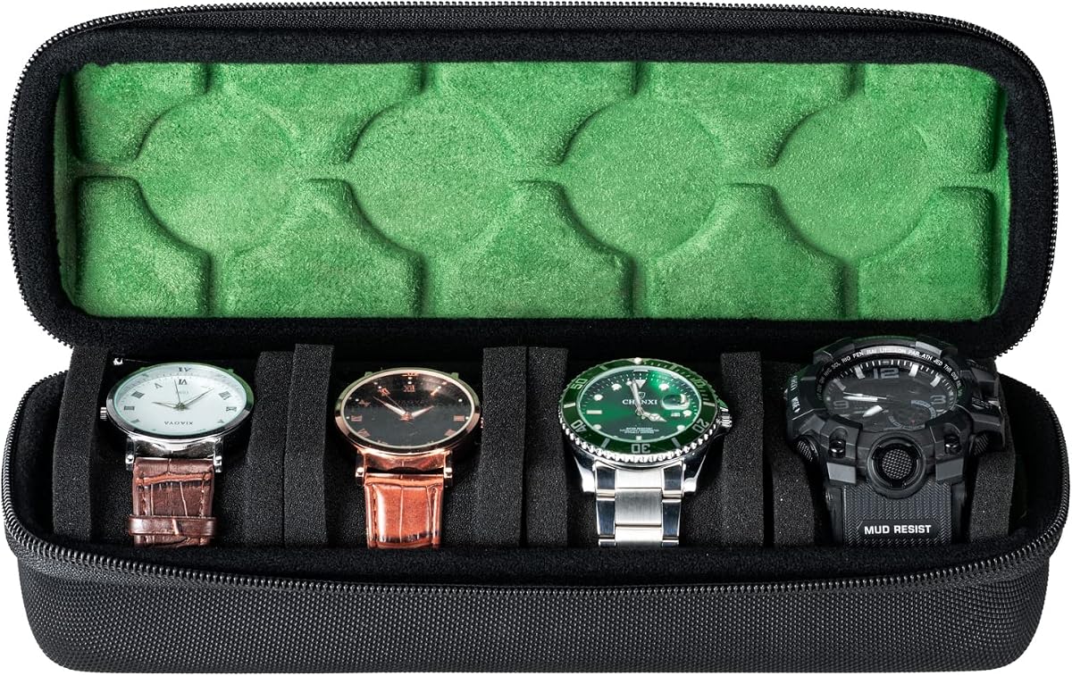 RIGICASE Estuche de Viaje para Reloj con 4 Ranuras, Soporte rígido para Almacenamiento de Caja de Reloj, con Inserto de Espuma Suave para Relojes de hasta 55 mm de Cara, Forro de Microfibra Verde