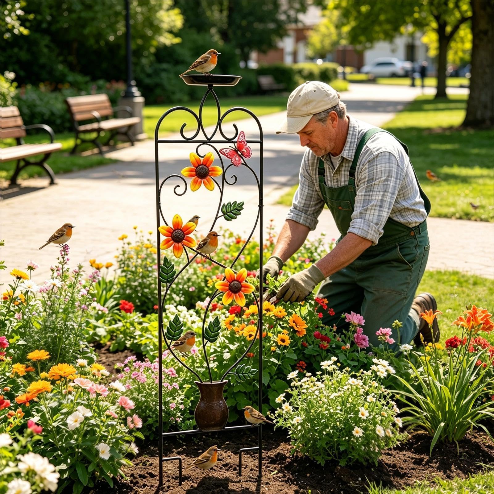 Enrejado exterior con Estacas de Suelo para Baño de Pájaros | Enrejado Alto con Bebedero para Aves Para flores rosas verduras trepadoras camas elevadas patio jardín césped