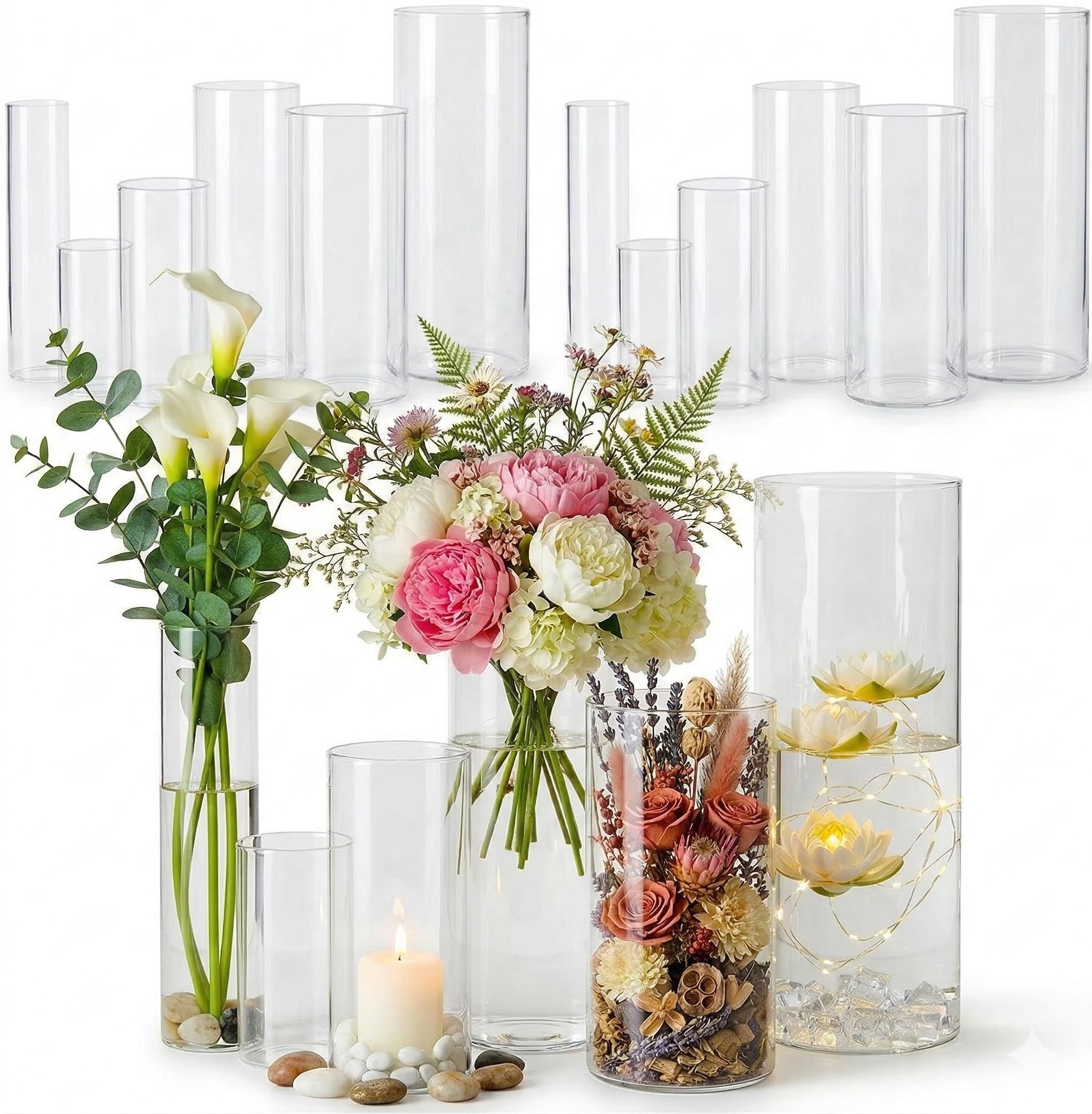 Photo 1 of Wehomai Glass 18pcs Cylinder Vases for Centerpieces,Clear Flower Vases for Wedding Decorations and Indoor Home Decor, Hurricane Candle Holder for Table Shelf, Party