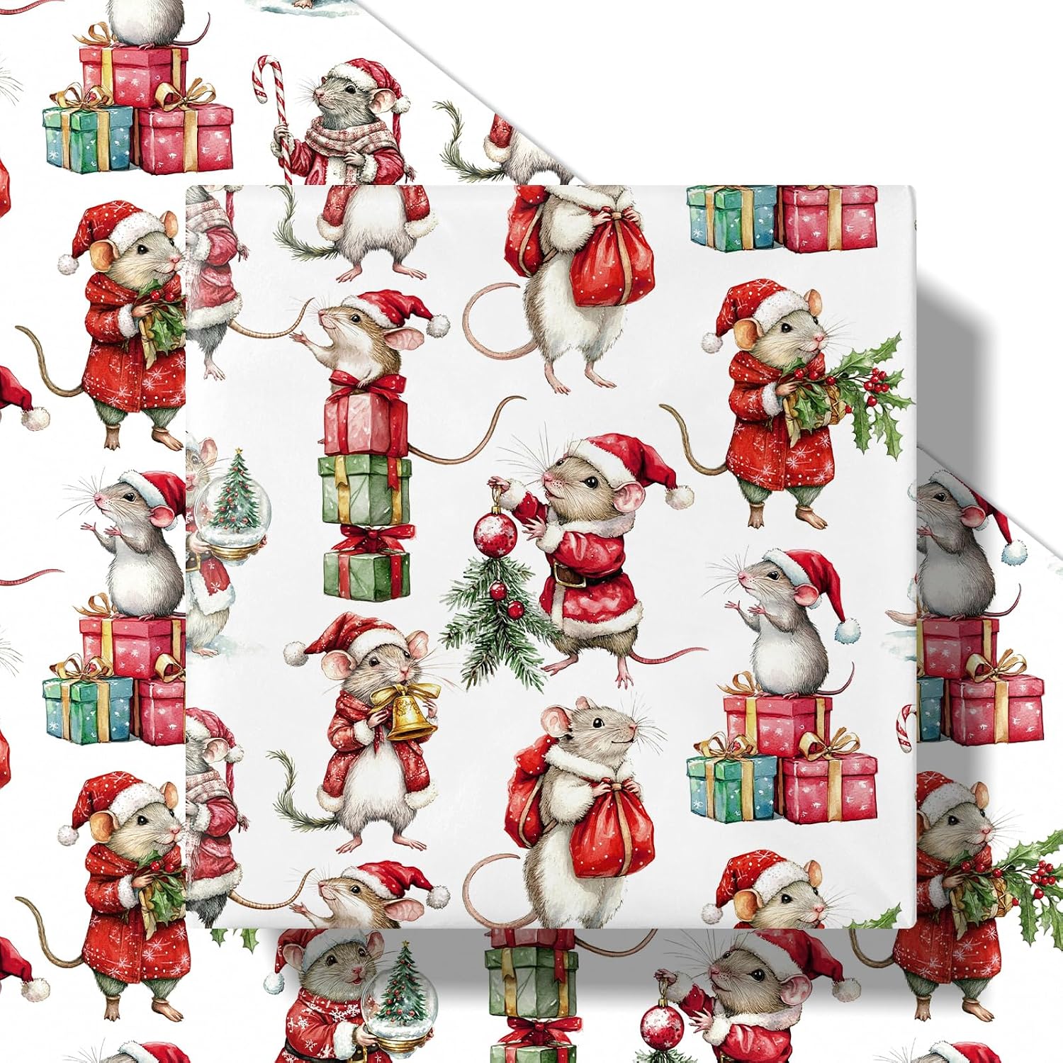 RUSPEPA Vintage Santa Mouse Wrapping Paper Roll, Mini Roll, Retro Santa Mice with Hats & Candy Cane Design, Funny Rat Gift Wrapping Paper for Kids, Family, Christmas, Holiday, 17 Inches x 16.4 Feet image 2