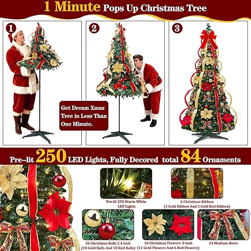 Miniatura 2 de Árbol de Navidad emergente de 7 pies, 250 luces LED blancas cálidas preiluminadas, montaje en 1 minuto, totalmente decorado con 84 adornos, 8 modos