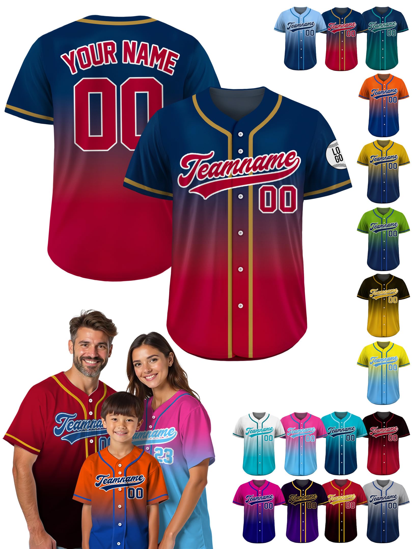 Custom Baseball Jersey – Personalized Name, Number & Logo, Button Up Jersey for Men, Women, Youth, Toddlers