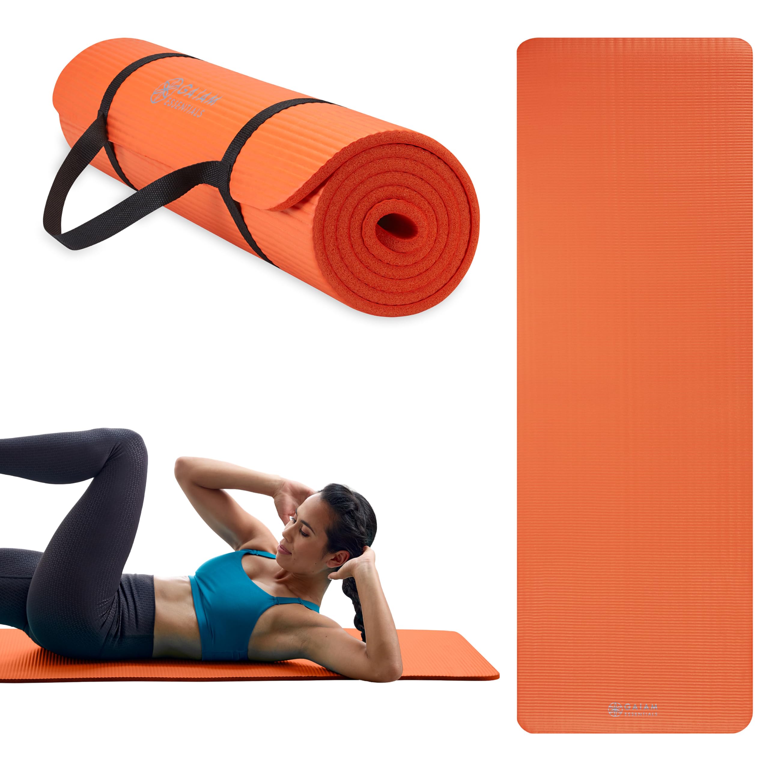 Gaiam Essentials Thick Yoga Mat Fitness & Exercise Mat with Easy-Cinch Yoga Mat Carrier Strap, 72"L x 24"W x 2/5 Inch Thick