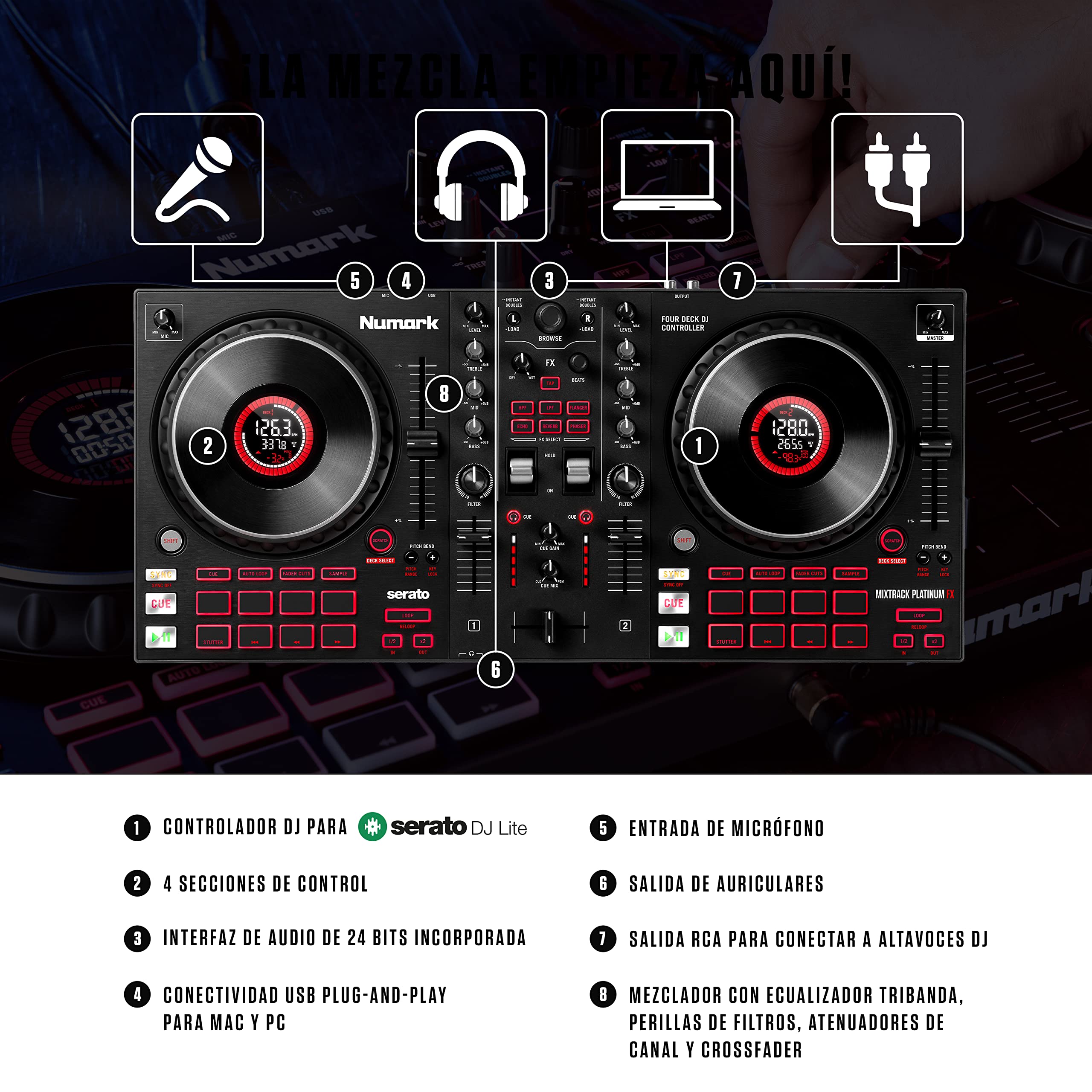 Numark Mixtrack Platinum FX + auriculares DJ HF175 – Controlador DJ de 4 secciones para Serato DJ con mezclador DJ e interfaz de audio + Auriculares de DJ Profesionales