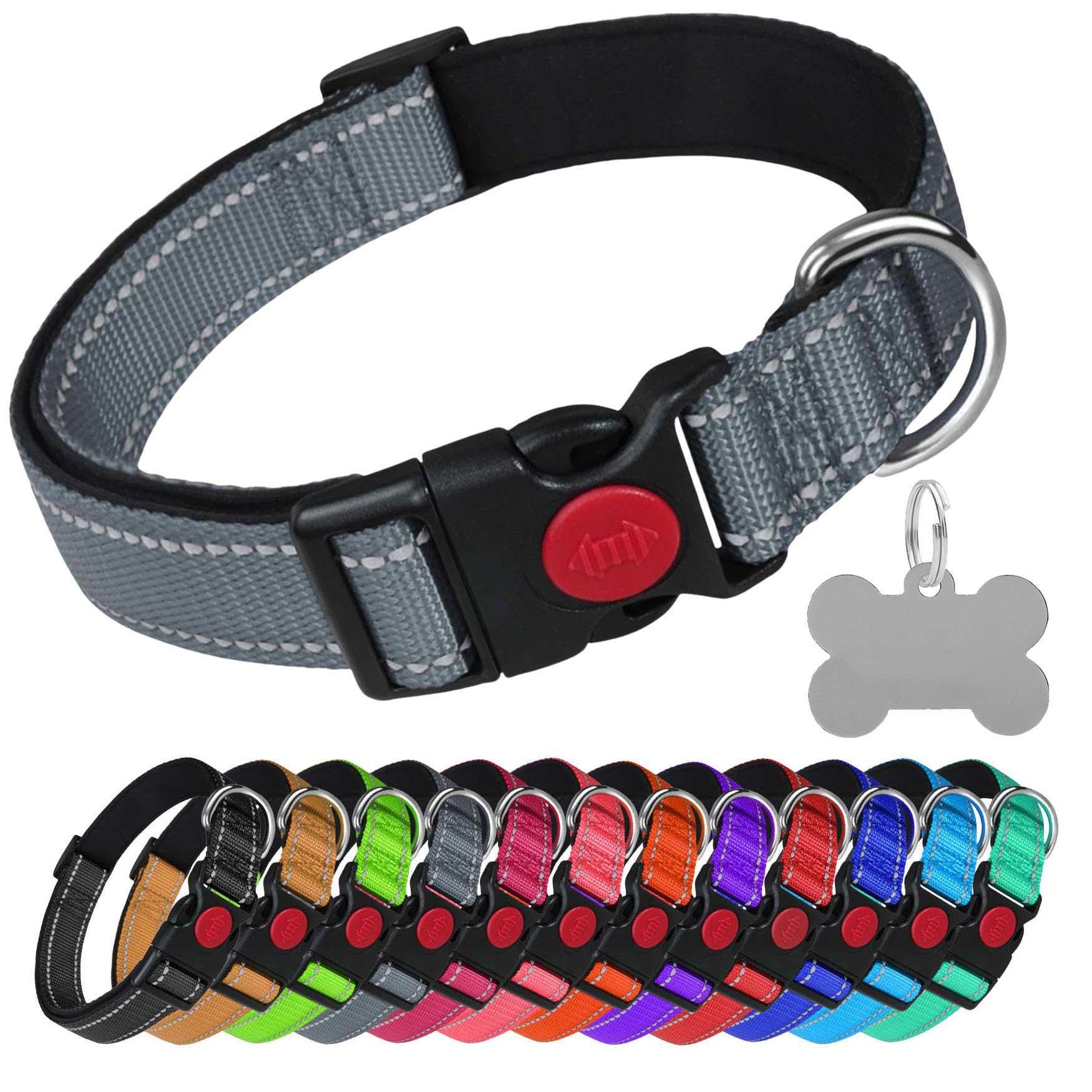 LARRYROO Reflective Dog Soft Padded Nylon Collar | Slide Lock Safety Buckle | Fully Adjustable With Personalised Engraved Silver Bone Shaped Tag (Grey, Large (40cm - 60cm Neck))