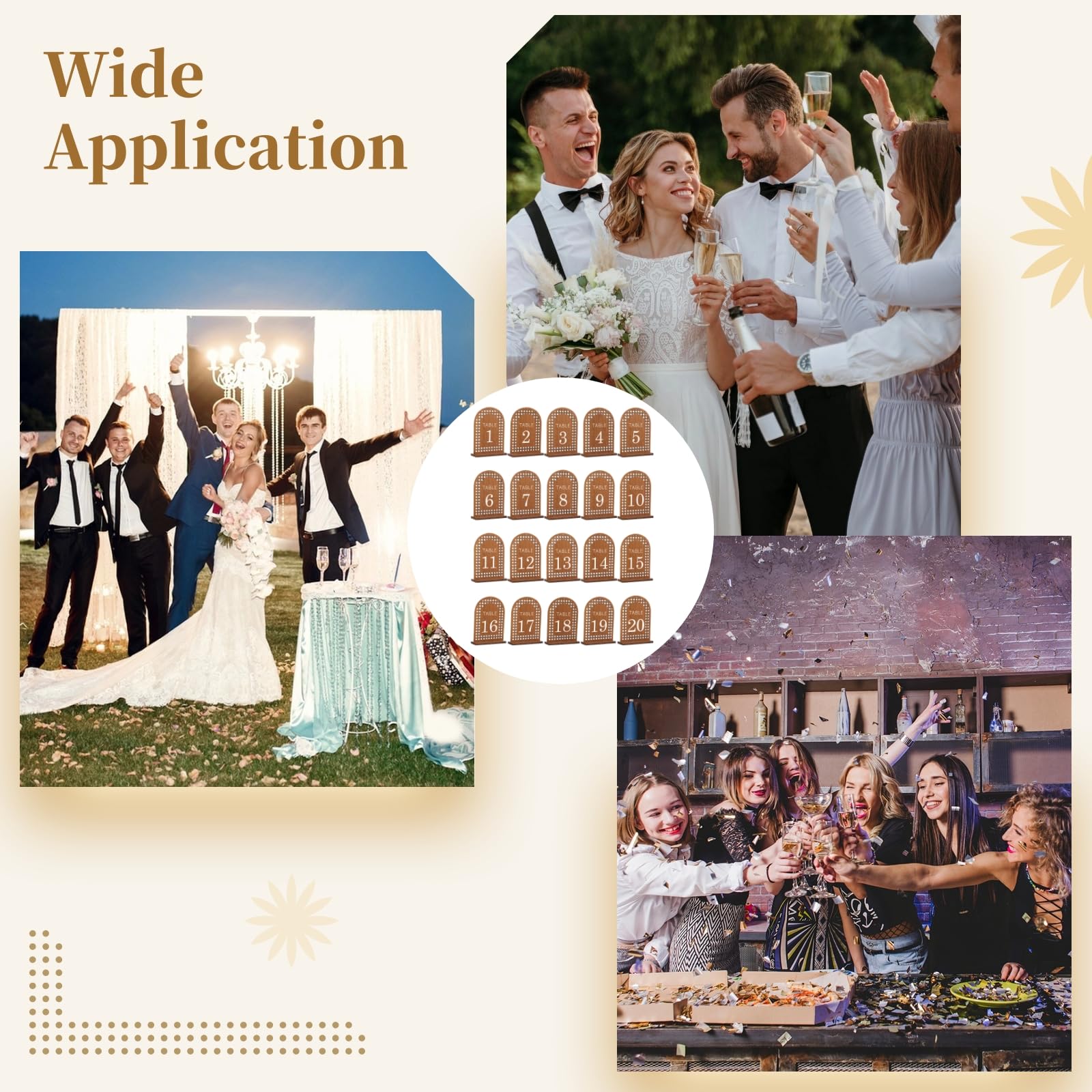 20 letreros de madera para arco de mesa, números del 1 al 20 arco, placas de números de mesa de boda con base de madera, letreros de boda de madera para mesa, banquete, restaurante, decoración de