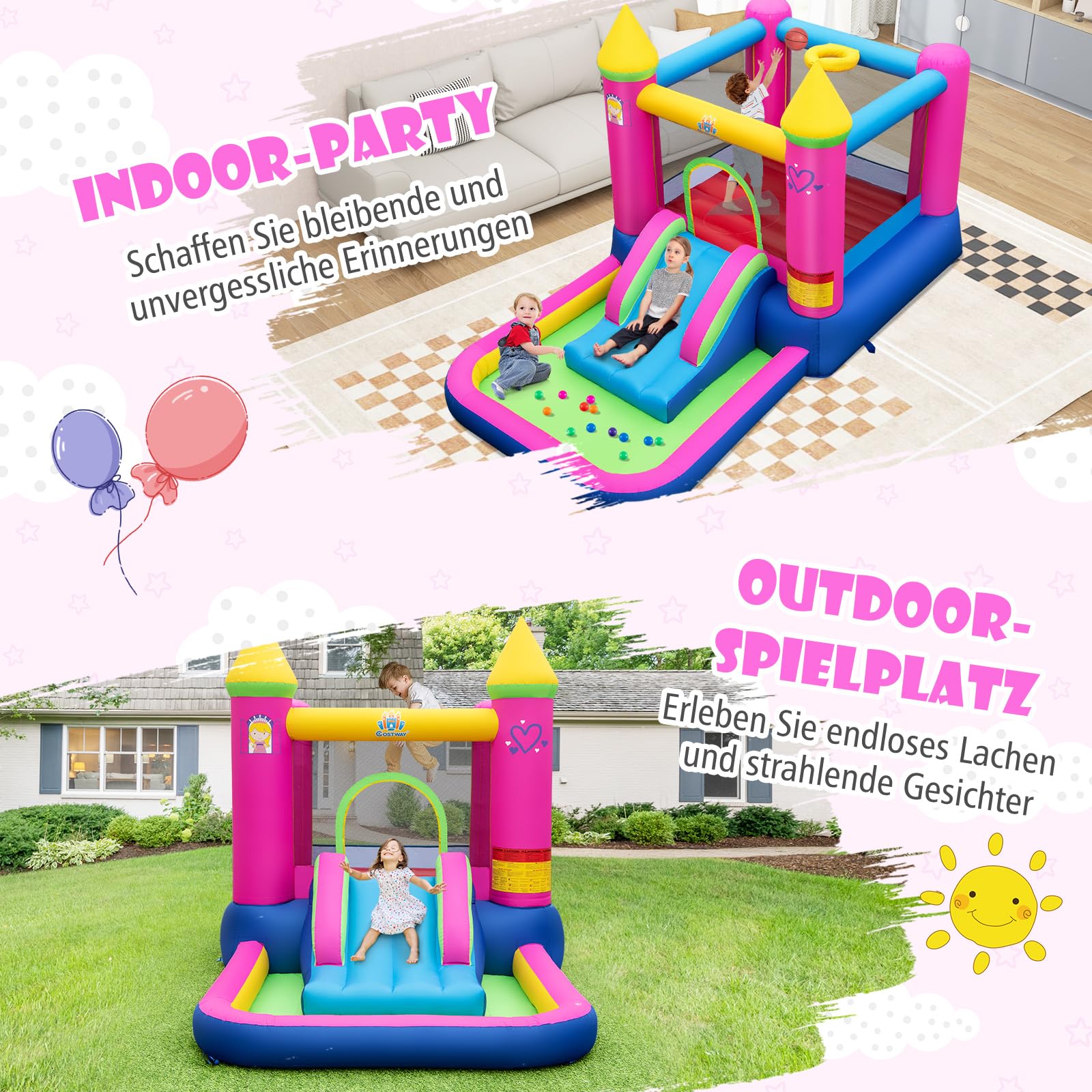 COSTWAY Hüpfburg mit Rutsche, Sprungbereich, Bällebad & Basketballkorb, für Indoor und Outdoor, inkl. Tragetasche, Reparaturset, 363 x 202 x 205 cm